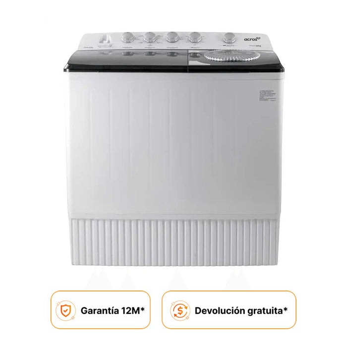 Lavadora semiautomática Acros ALD2245SE blanca y negra de dos tinas con capacidad máxima de 22kg. Diseño elegante y compacto.