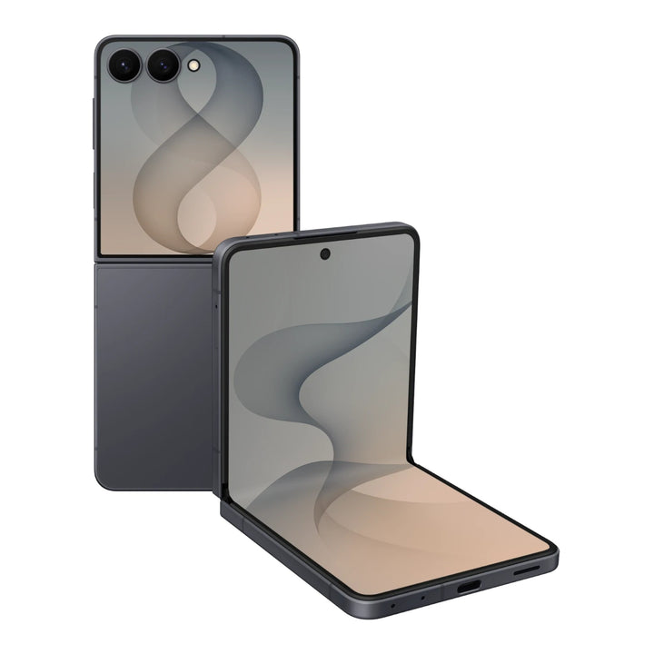 Smartphone plegable doto.com.mx Samsung Galaxy Z Flip8 en color gris grafito con pantalla abierta y diseño compacto