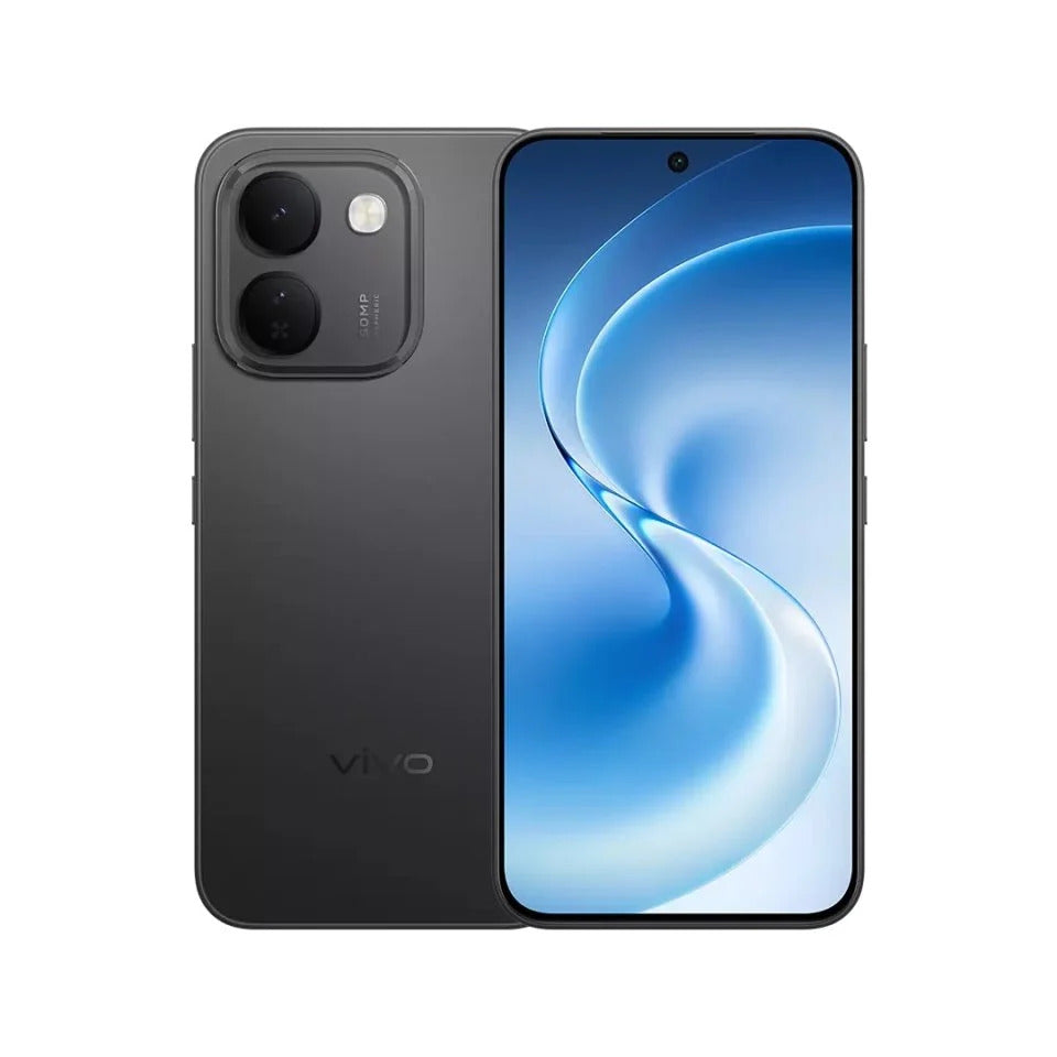 Vista frontal y posterior del celular Vivo V80 Lite 5G en color negro con pantalla AMOLED y cámara de 50 MP