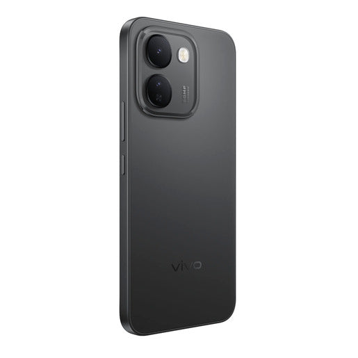 Vista trasera en ángulo del smartphone Vivo V80 Lite 5G en color negro mostrando sus cámaras