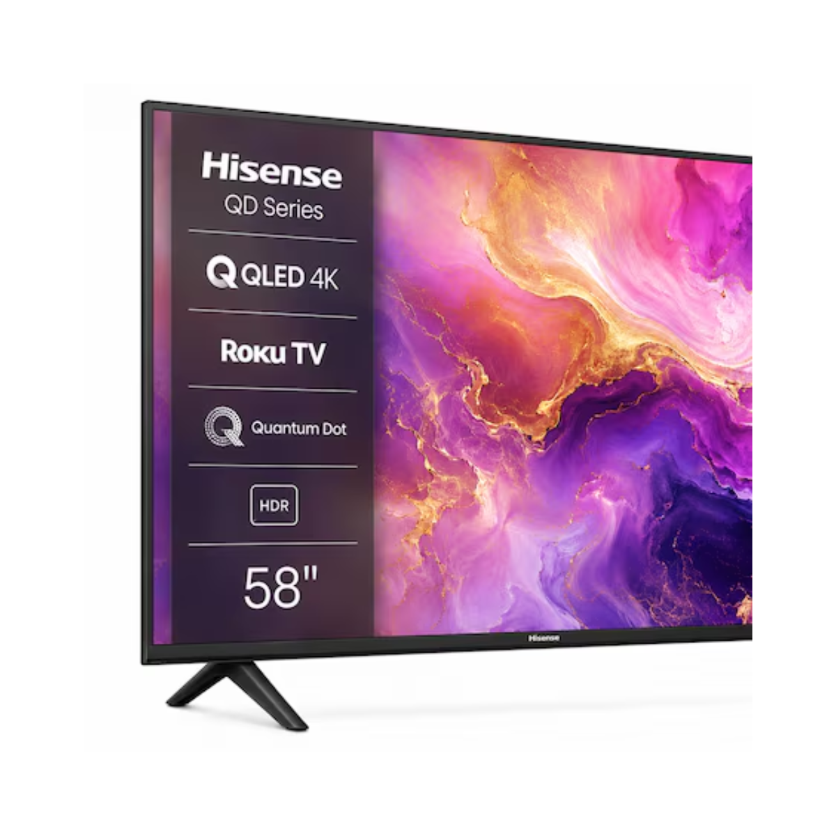 Televisor Hisense 58QD50R con patas laterales y paisaje nevado mostrado en pantalla