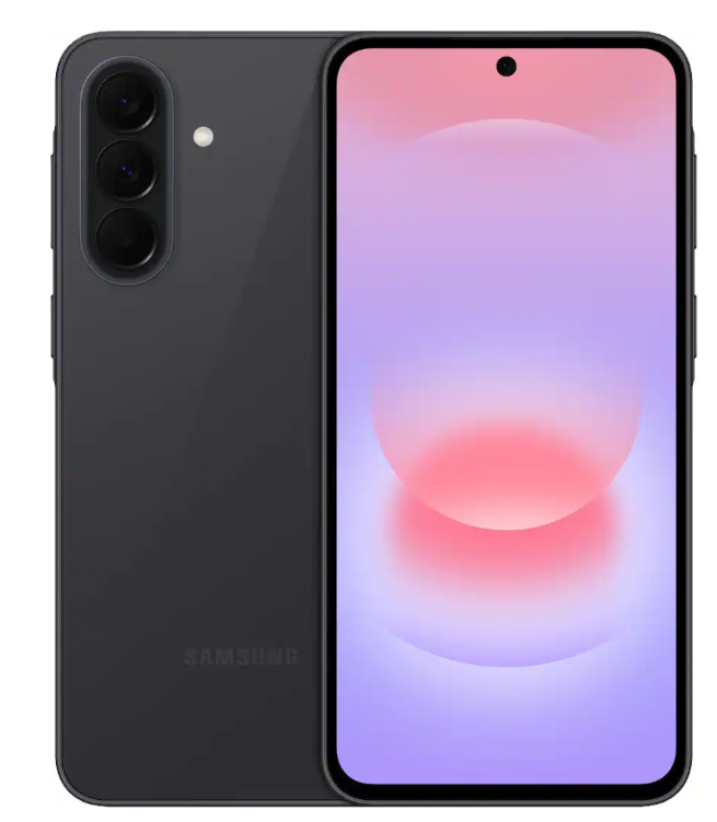 Samsung Galaxy A37 5G en vista frontal y trasera, con acabado oscuro y tres cámaras posteriores
