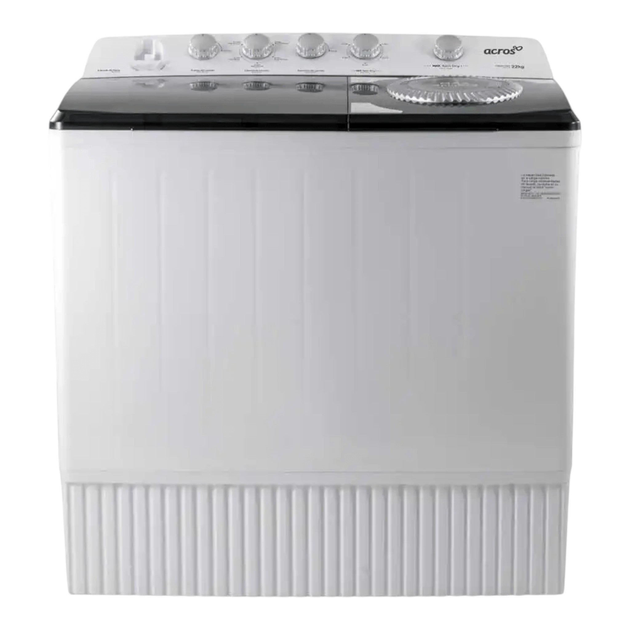 Lavadora Acros ALD2245SE blanca de dos tinas con tapa negra y controles superiores. Capacidad máxima de 22kg.