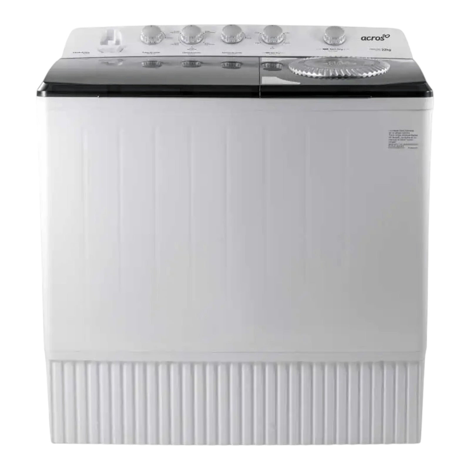 Lavadora Acros ALD2245SE blanca de dos tinas con tapa negra y controles superiores. Capacidad máxima de 22kg.
