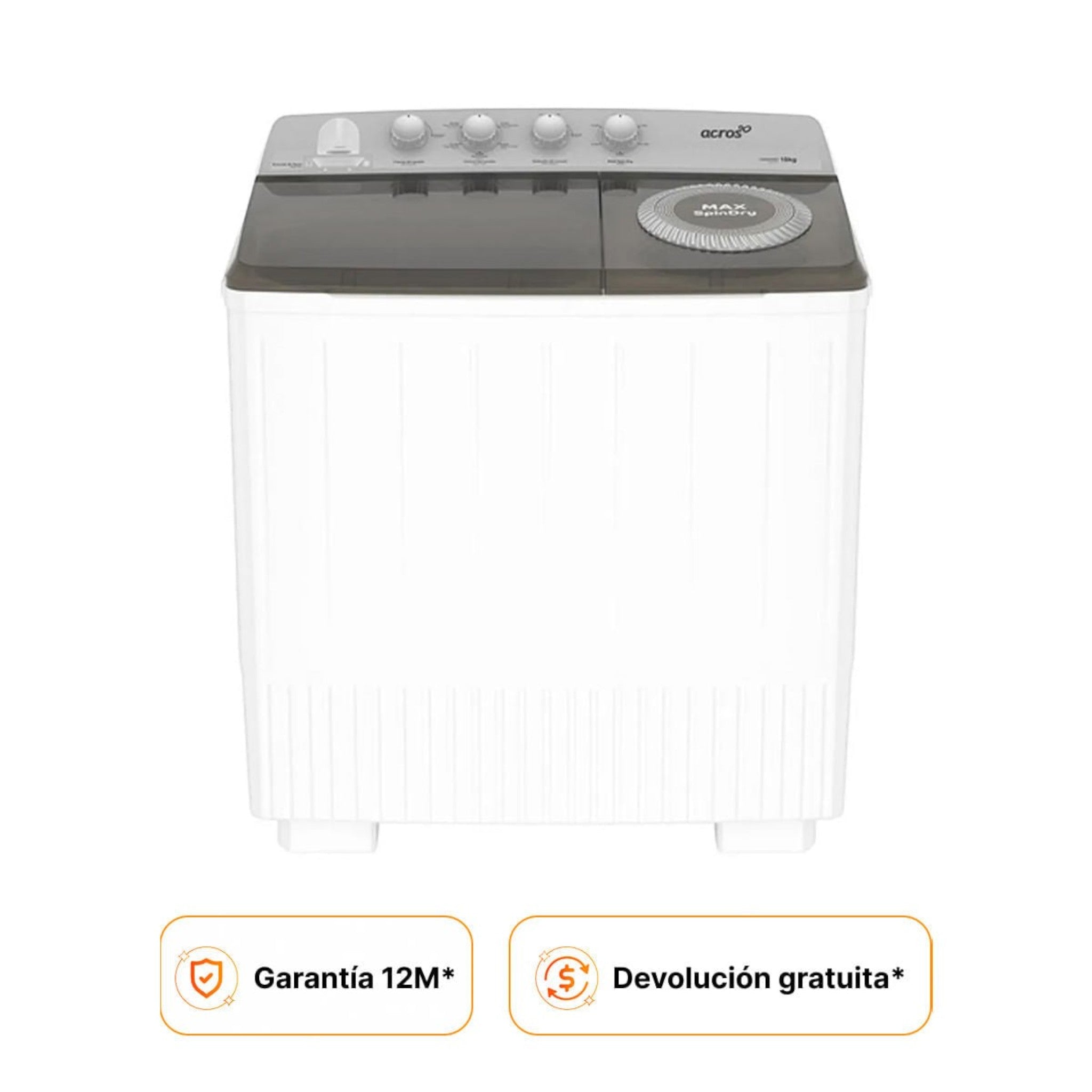 Lavadora Acros blanca de dos tinas con capacidad de 19 kg y MaxSpindry para prendas más secas. 5 ciclos de lavado.