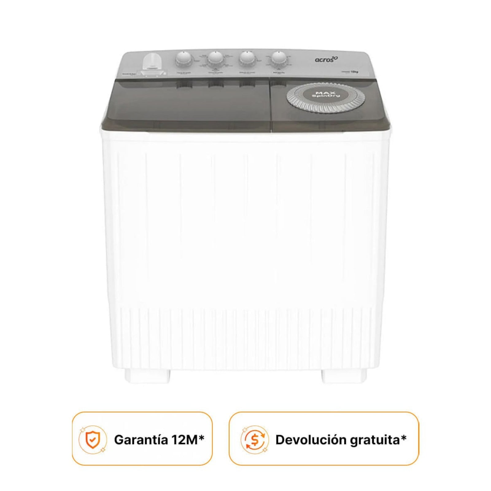 Lavadora Acros blanca de dos tinas con capacidad de 19 kg y MaxSpindry para prendas más secas. 5 ciclos de lavado.