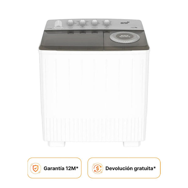 Lavadora Acros blanca de dos tinas con capacidad de 19 kg y MaxSpindry para prendas más secas. 5 ciclos de lavado.
