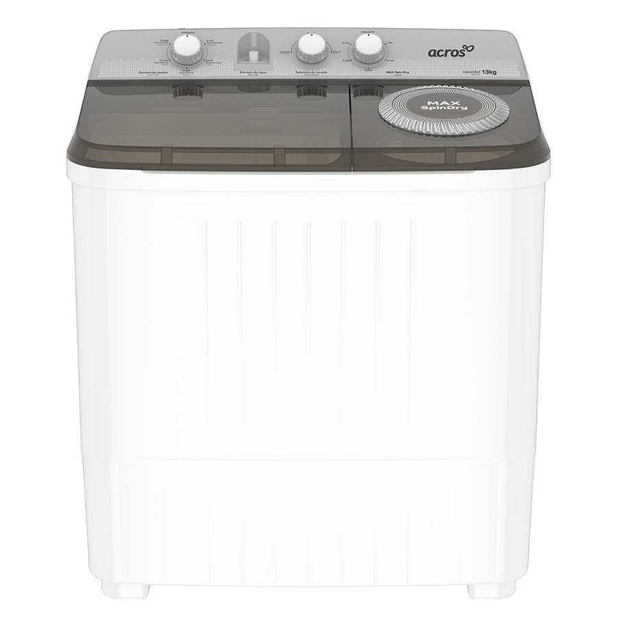 Lavadora semiautomática Acros de dos tinas con capacidad de 13kg, color blanco y gris, con MaxSpin Dry.