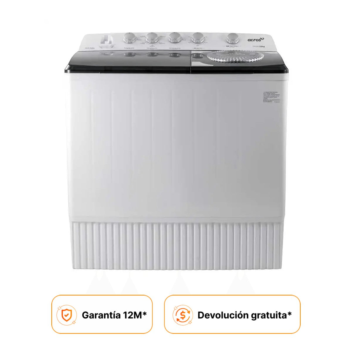 Lavadora semiautomática Acros ALD2245SE blanca y negra de dos tinas con capacidad máxima de 22kg. Diseño elegante y compacto.