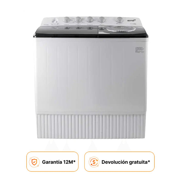 Lavadora semiautomática Acros ALD2245SE blanca y negra de dos tinas con capacidad máxima de 22kg. Diseño elegante y compacto.