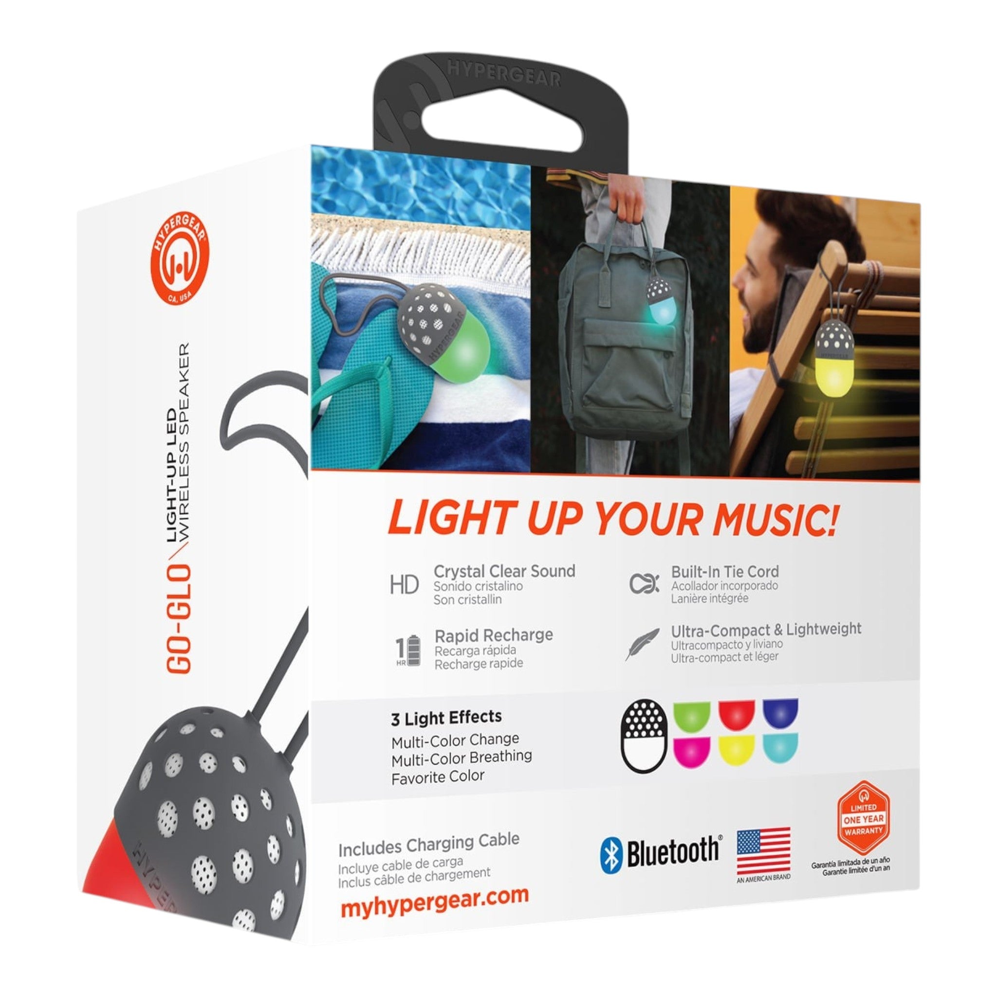 Caja del altavoz Bluetooth LED Hypergear Go-Glo de doto.com.mx con luz multicolor y diseño portátil compacto