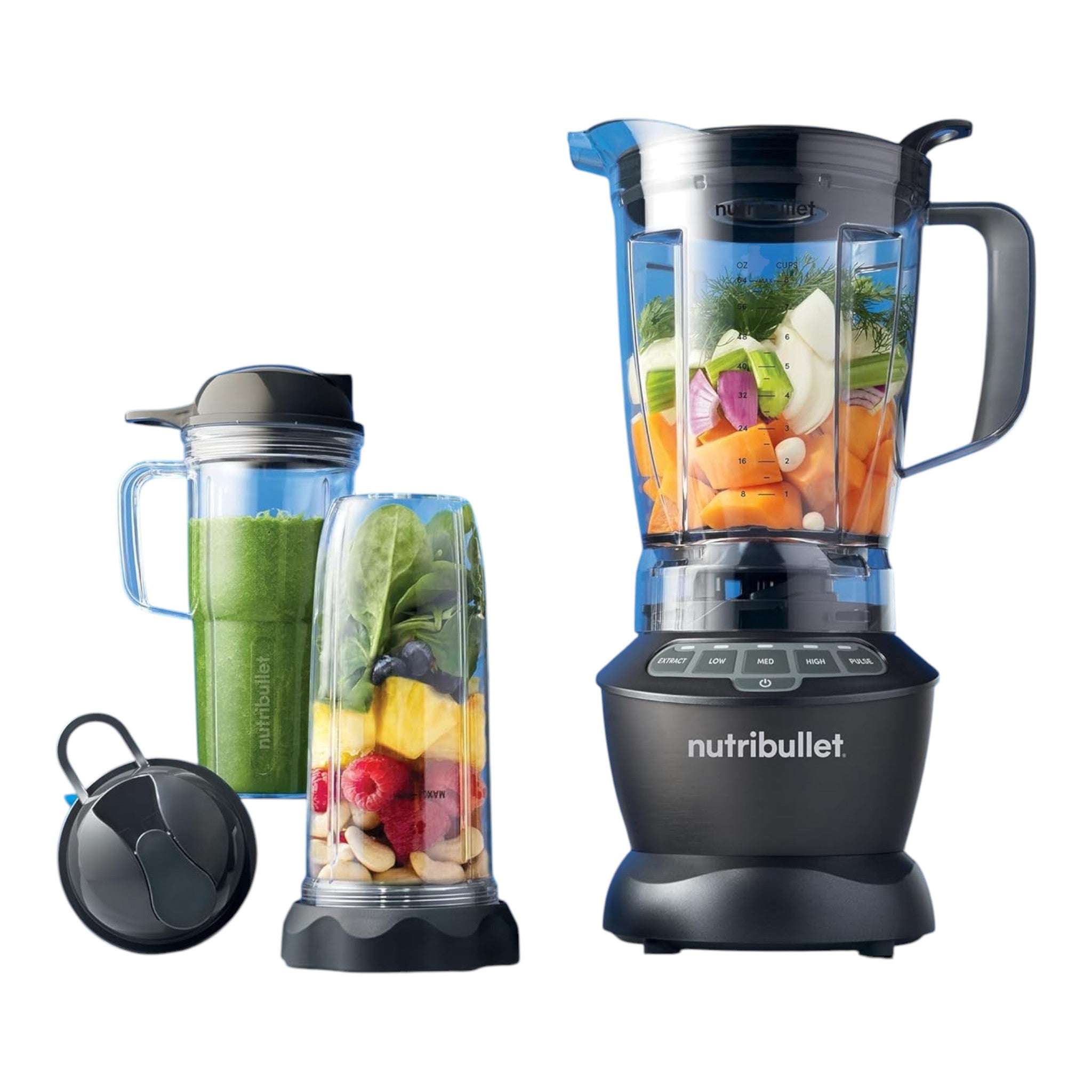 Batidora Nutribullet Combo de doto.com.mx con base negra, jarra grande y tazas portátiles llenas de frutas y verduras.