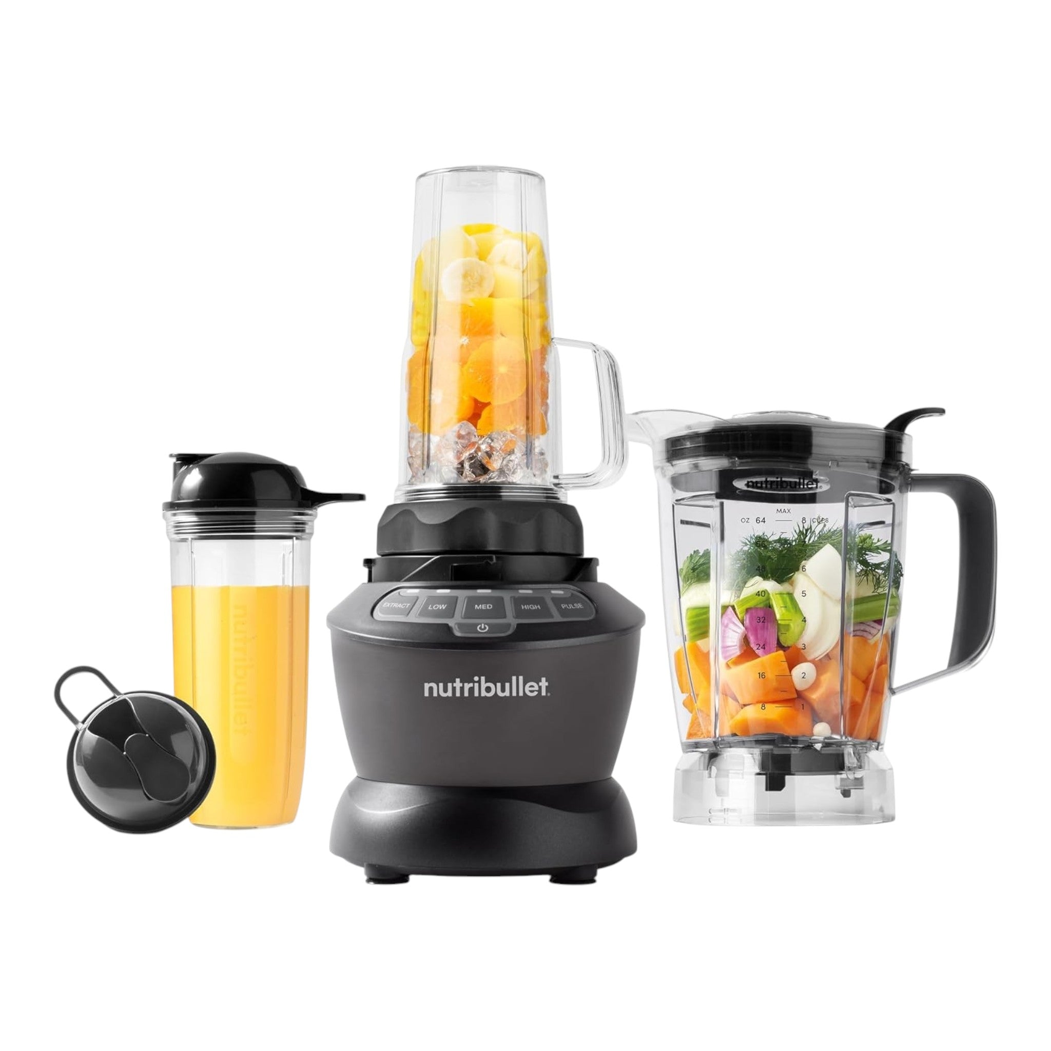Batidora Nutribullet Combo de doto.com.mx con base negra, jarra grande, vasos individuales y accesorios de cocina.