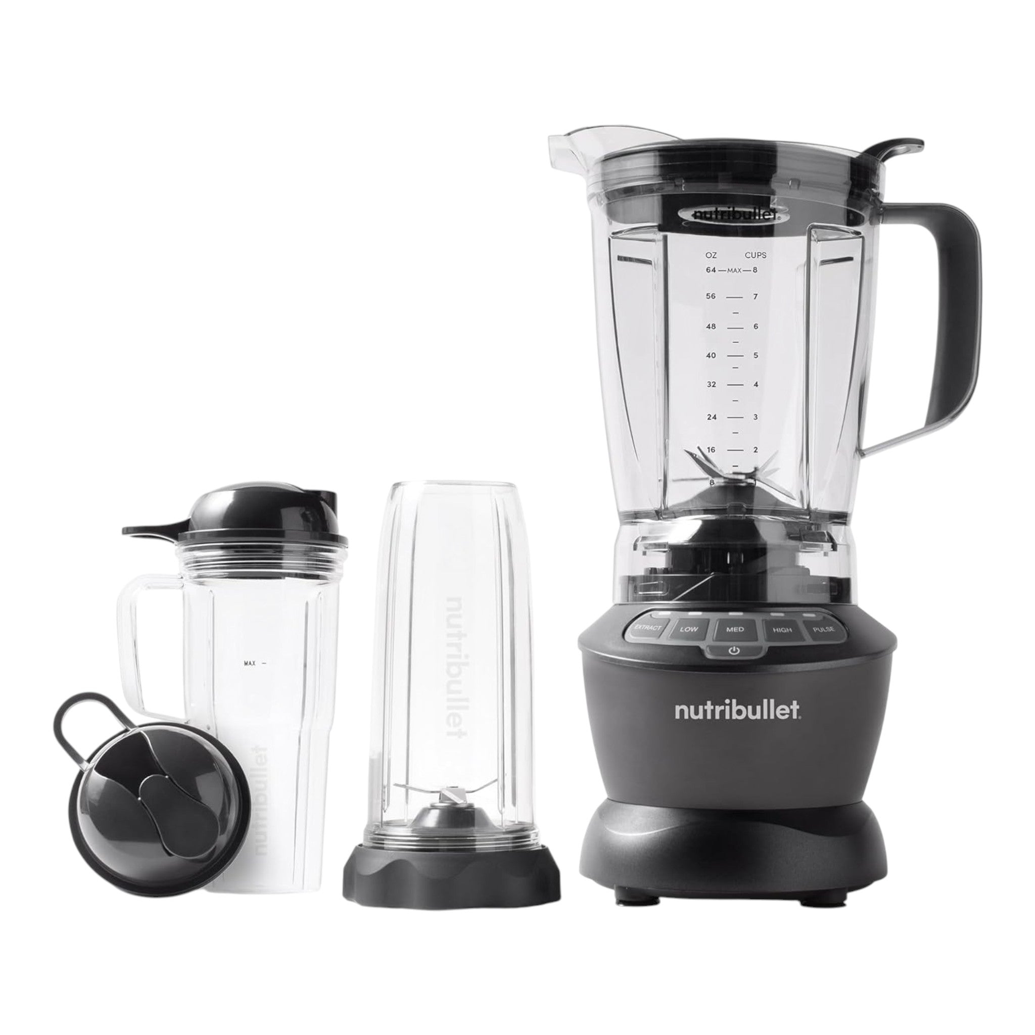 Batidora Nutribullet Combo de doto.com.mx con base gris, jarra grande, vasos individuales y cuchillas de acero