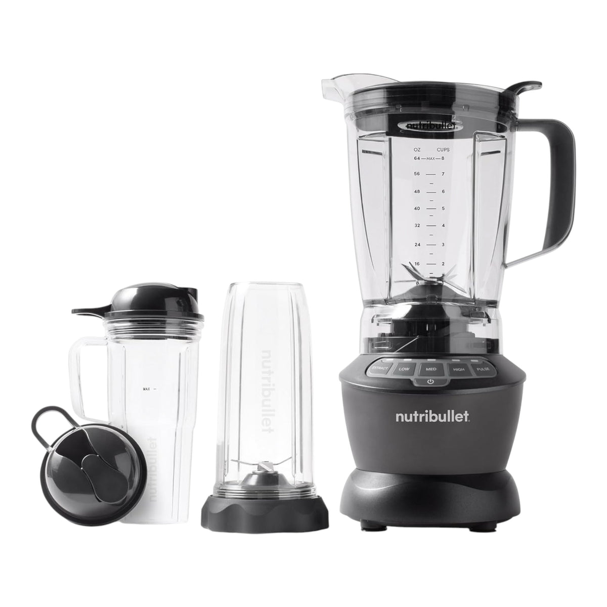 Batidora Nutribullet Combo de doto.com.mx con base gris, jarra grande, vasos individuales y cuchillas de acero