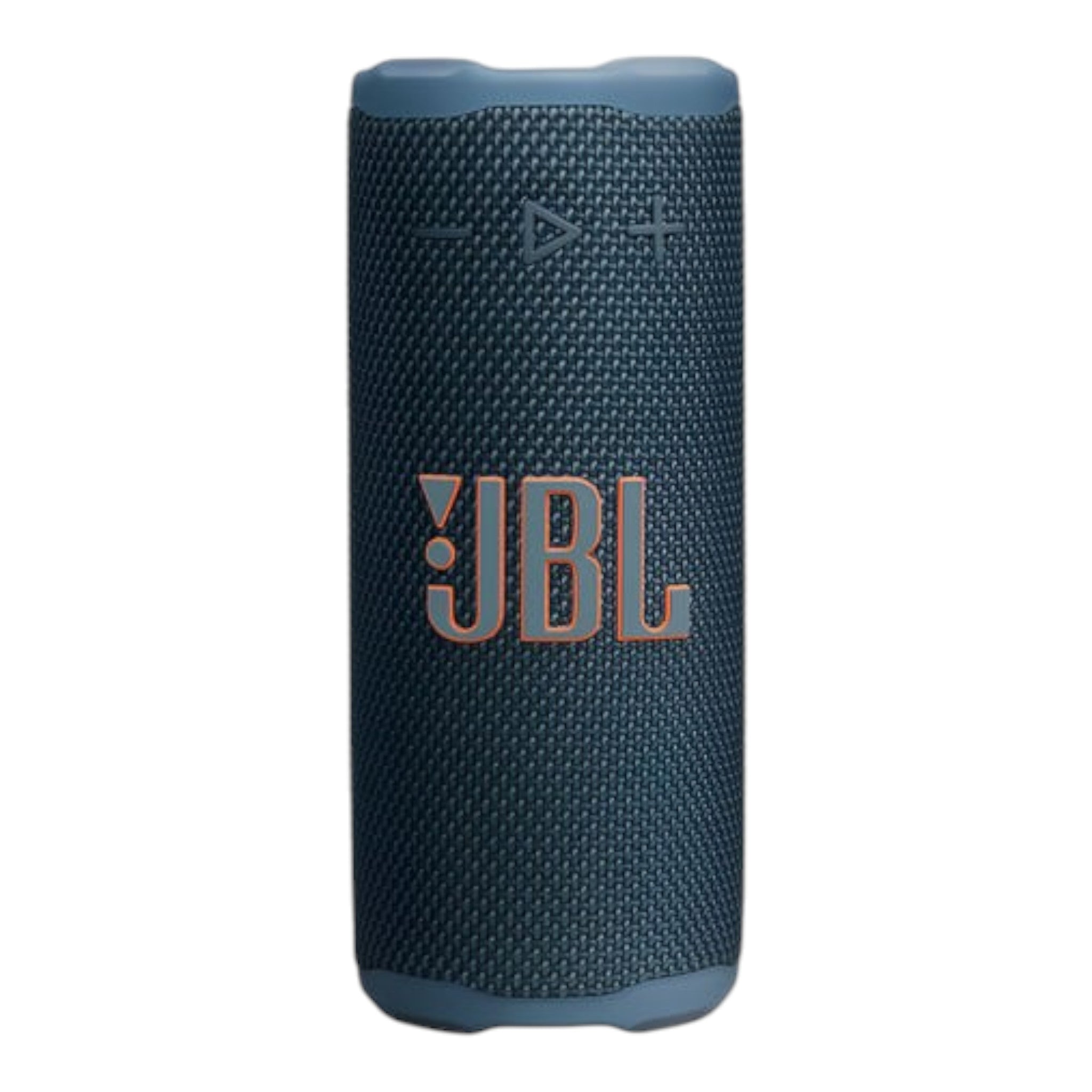 Bocina Bluetooth JBL Grip de color azul oscuro con logotipo naranja en la parte frontal, vista vertical.
