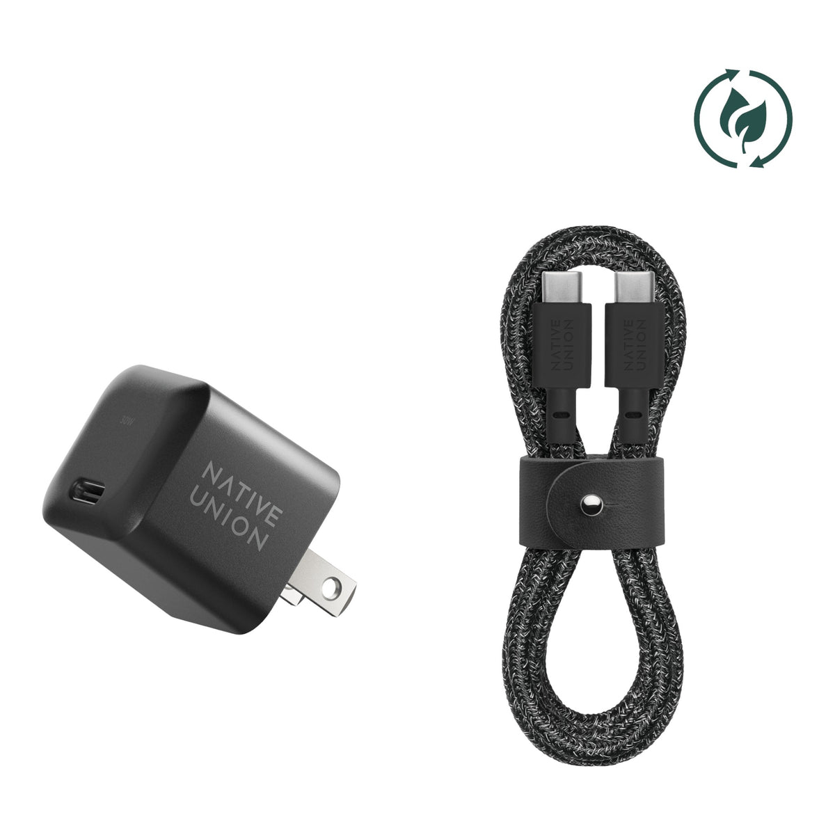 Bundle de cargador de pared 30W y cable USB-C a USB-C trenzado negro de doto.com.mx con materiales sostenibles