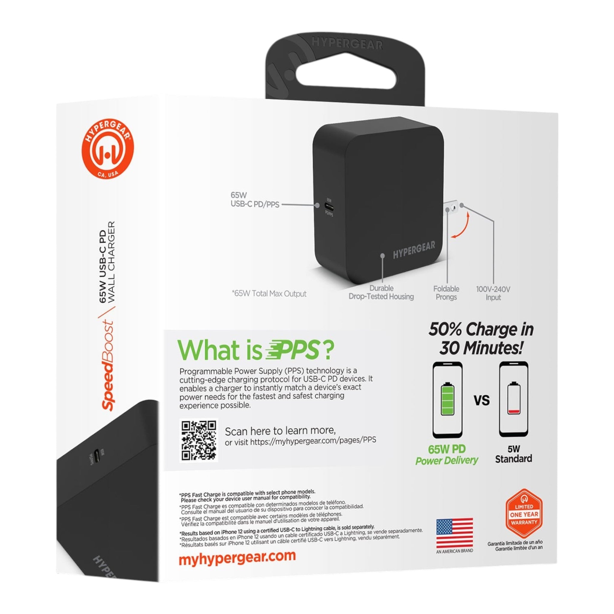 Cargador de pared doto.com.mx Hypergear USB-C de 65W con tecnología PPS y clavijas plegables en color negro