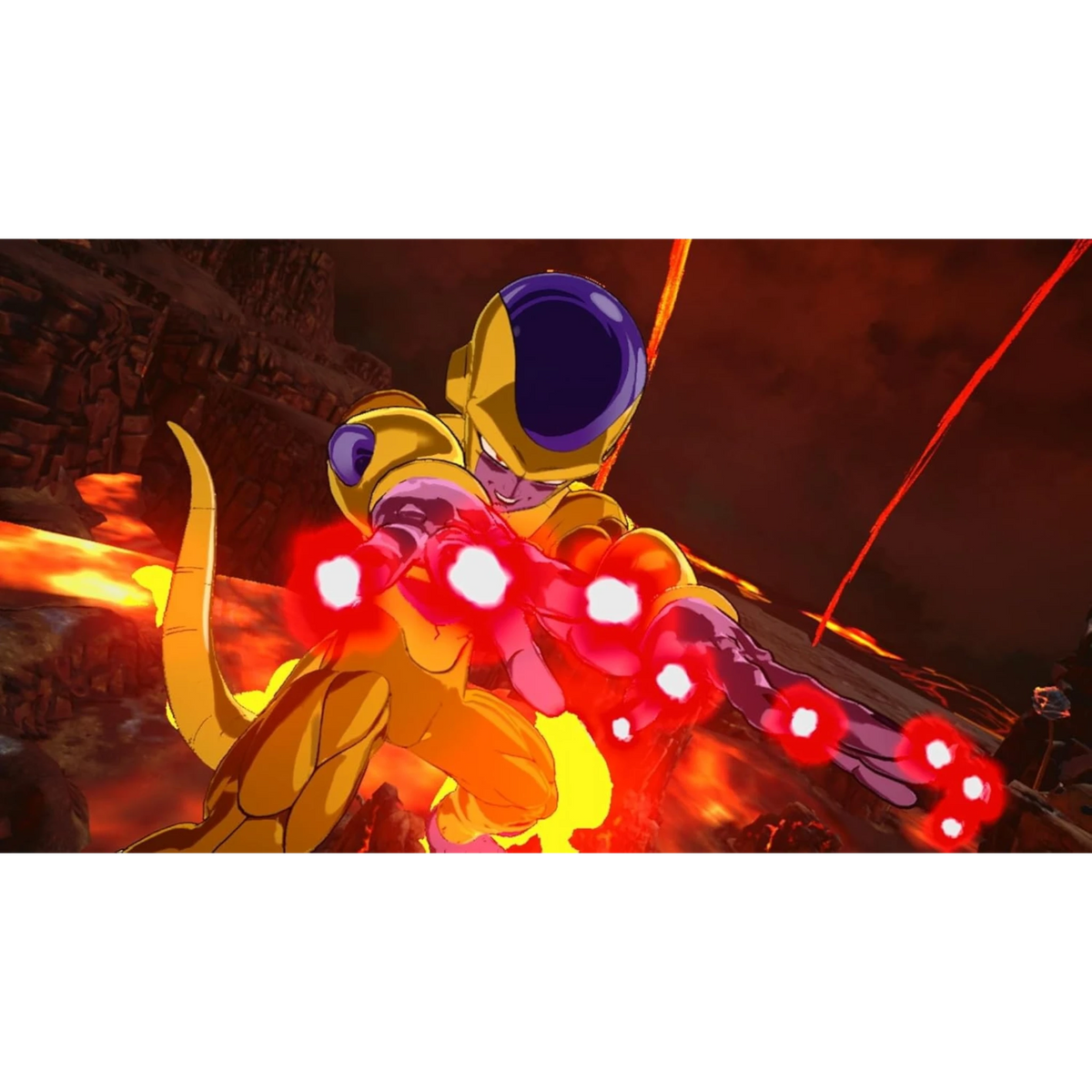 doto.com.mx Dragon Ball Sparking ZERO con Golden Frieza lanzando ataques de energía en un entorno volcánico
