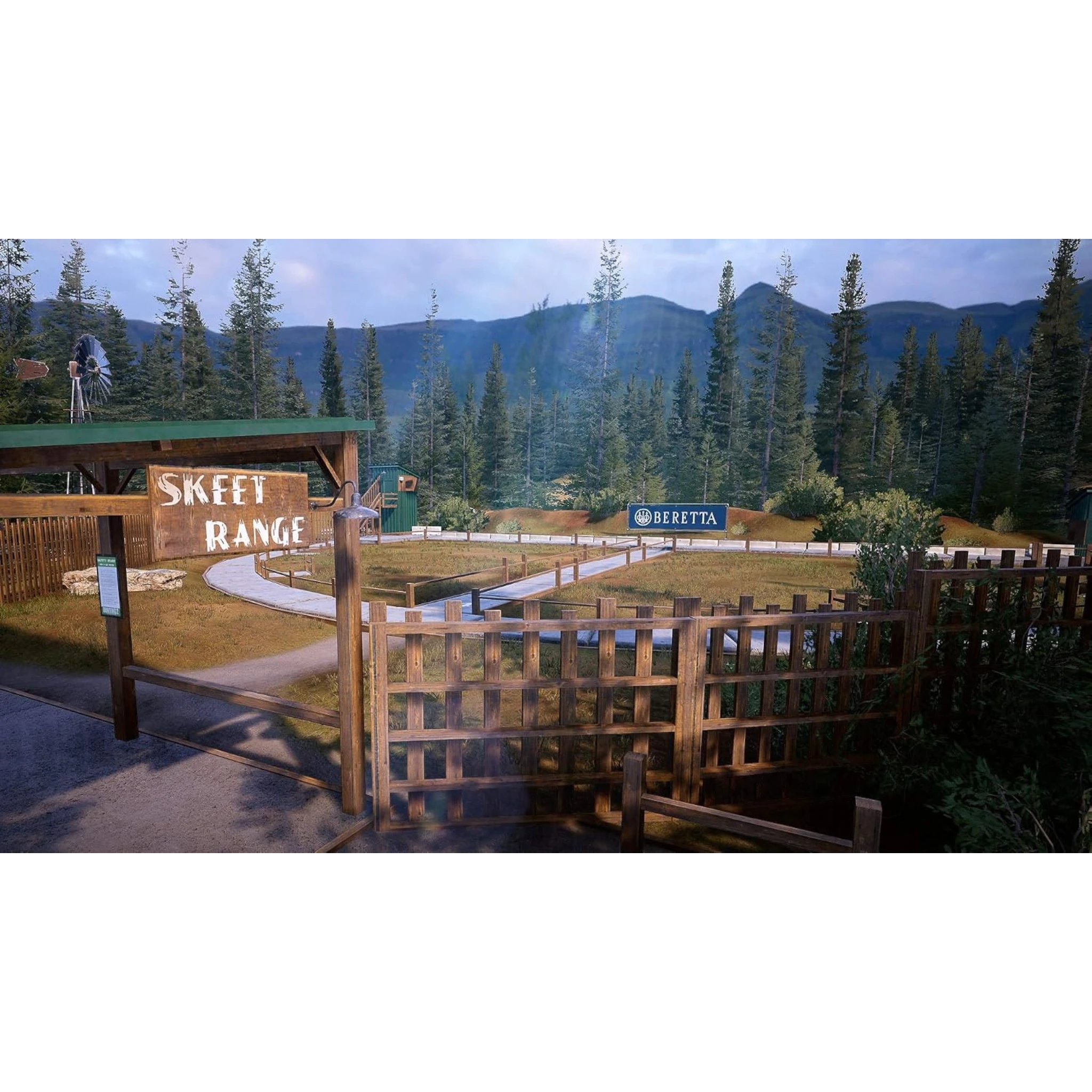 Campo de tiro al plato en el videojuego Hunting Simulator 2 disponible en doto.com.mx con señalización de Beretta