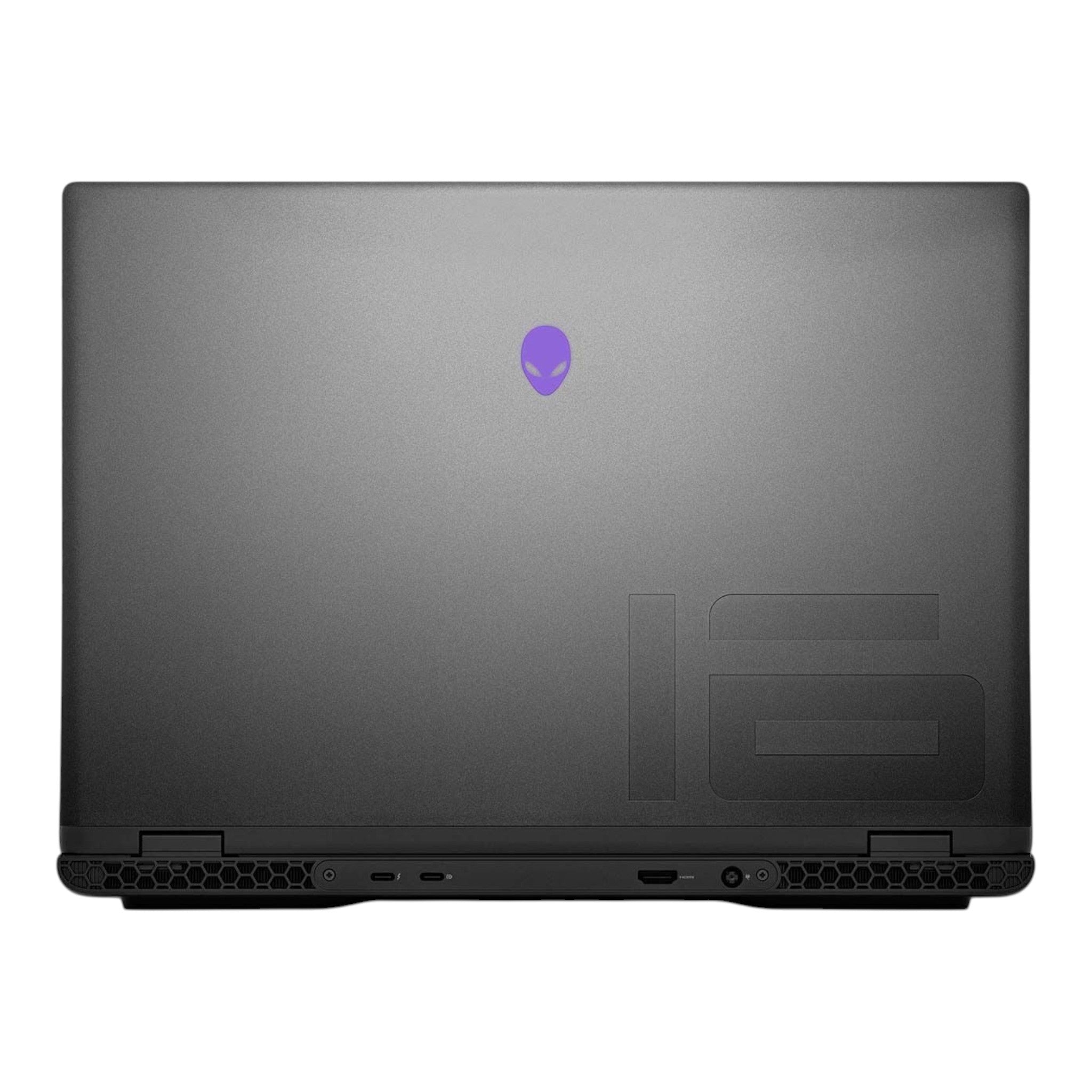 Laptop gamer doto.com.mx Alienware M16 R2 gris con chasis de magnesio y logo iluminado en la tapa superior