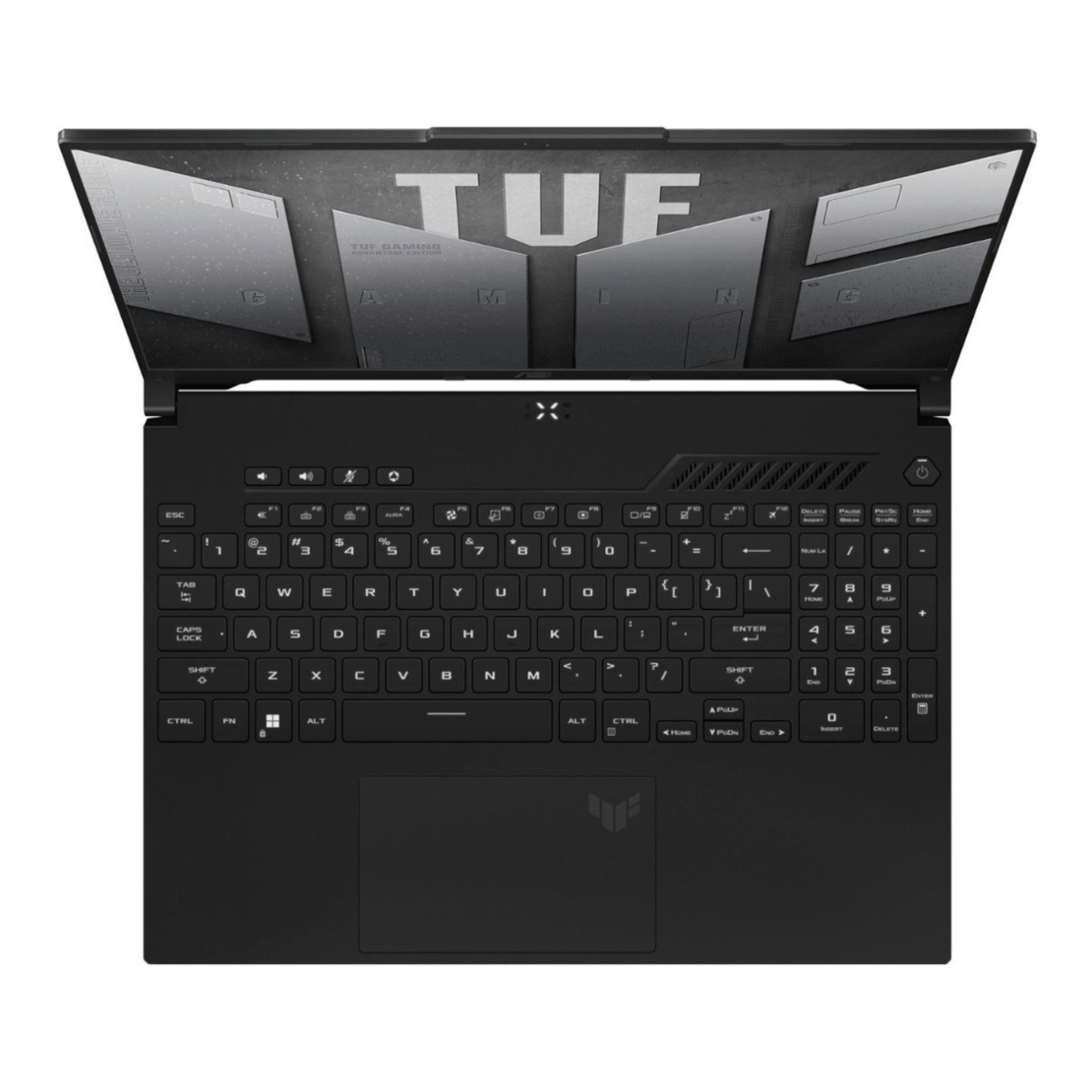 Laptop gaming doto.com.mx Asus TUF A16 con teclado retroiluminado y pantalla abierta vista desde arriba