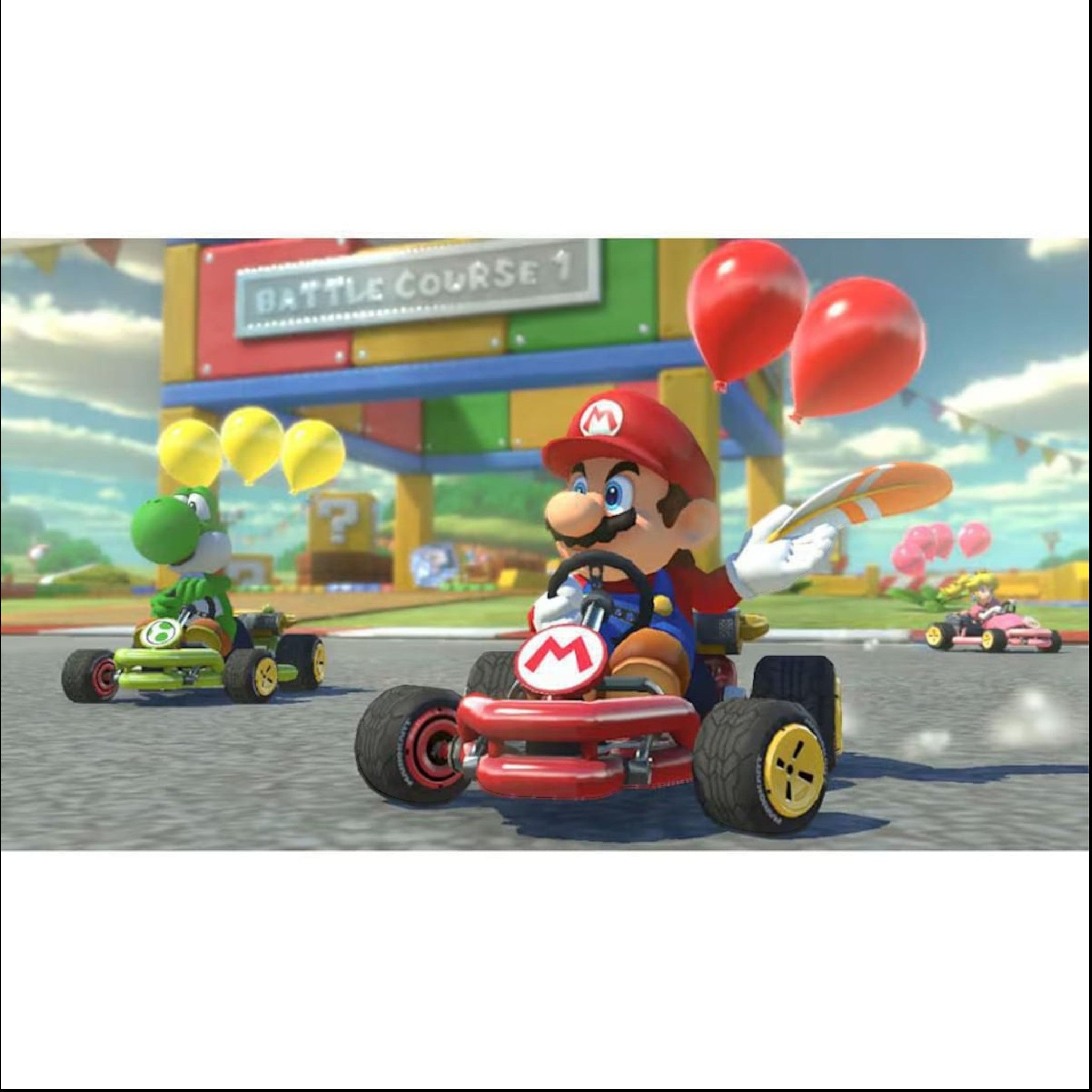 Mario y Yoshi compitiendo en karts en el juego Mario Kart 8 Deluxe de doto.com.mx para Nintendo Switch