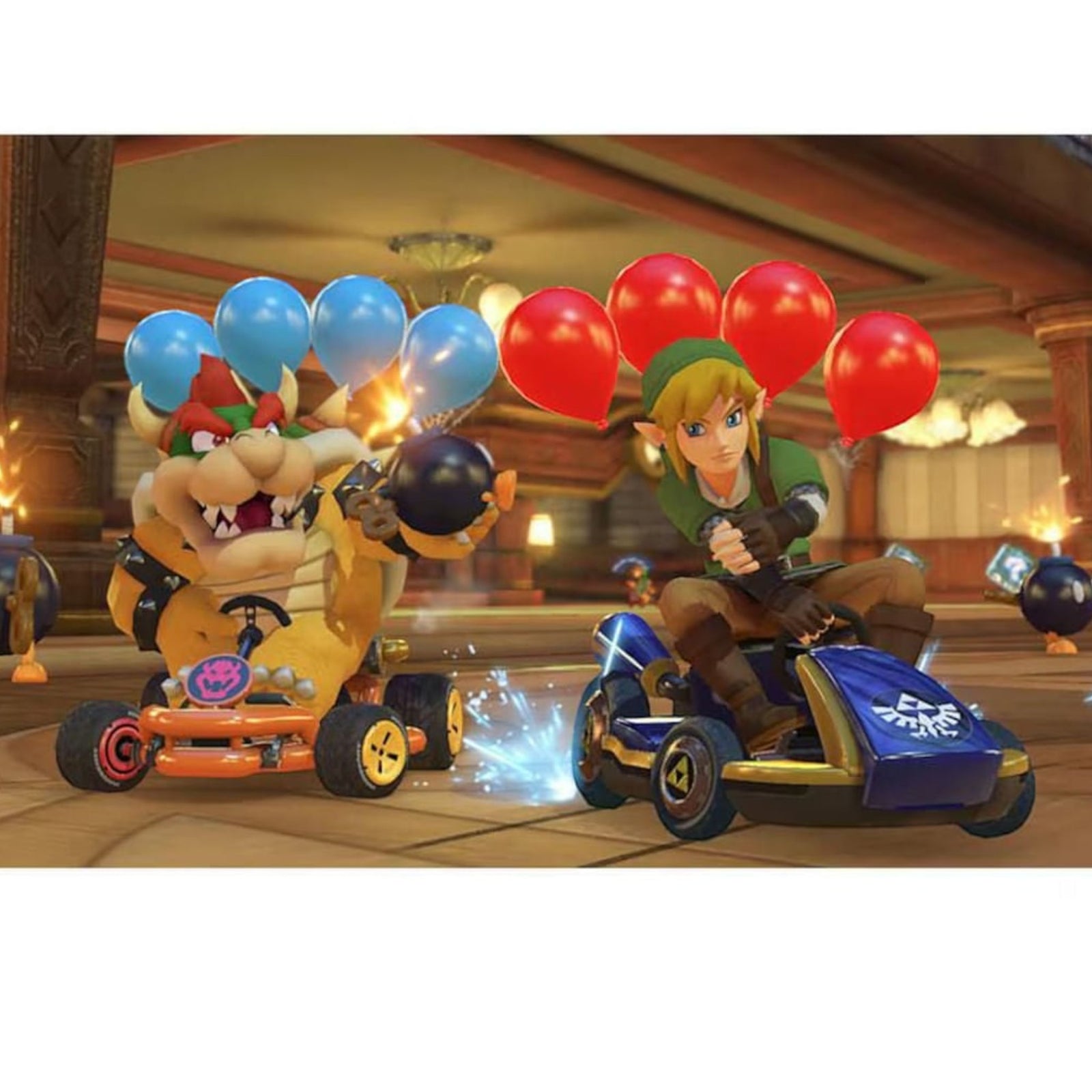 Bowser y Link compitiendo en karts con globos en el bundle de videojuegos de doto.com.mx para Nintendo Switch