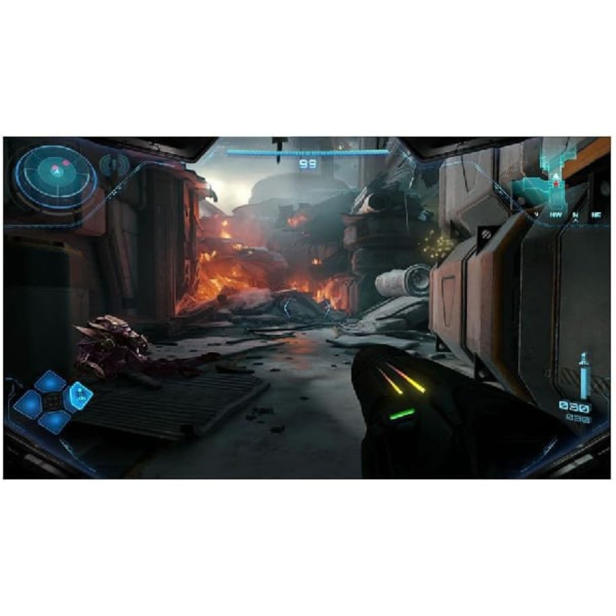 Captura de pantalla de Metroid Prime 4: Beyond en doto.com.mx mostrando el cañón de Samus Aran en un entorno alienígena