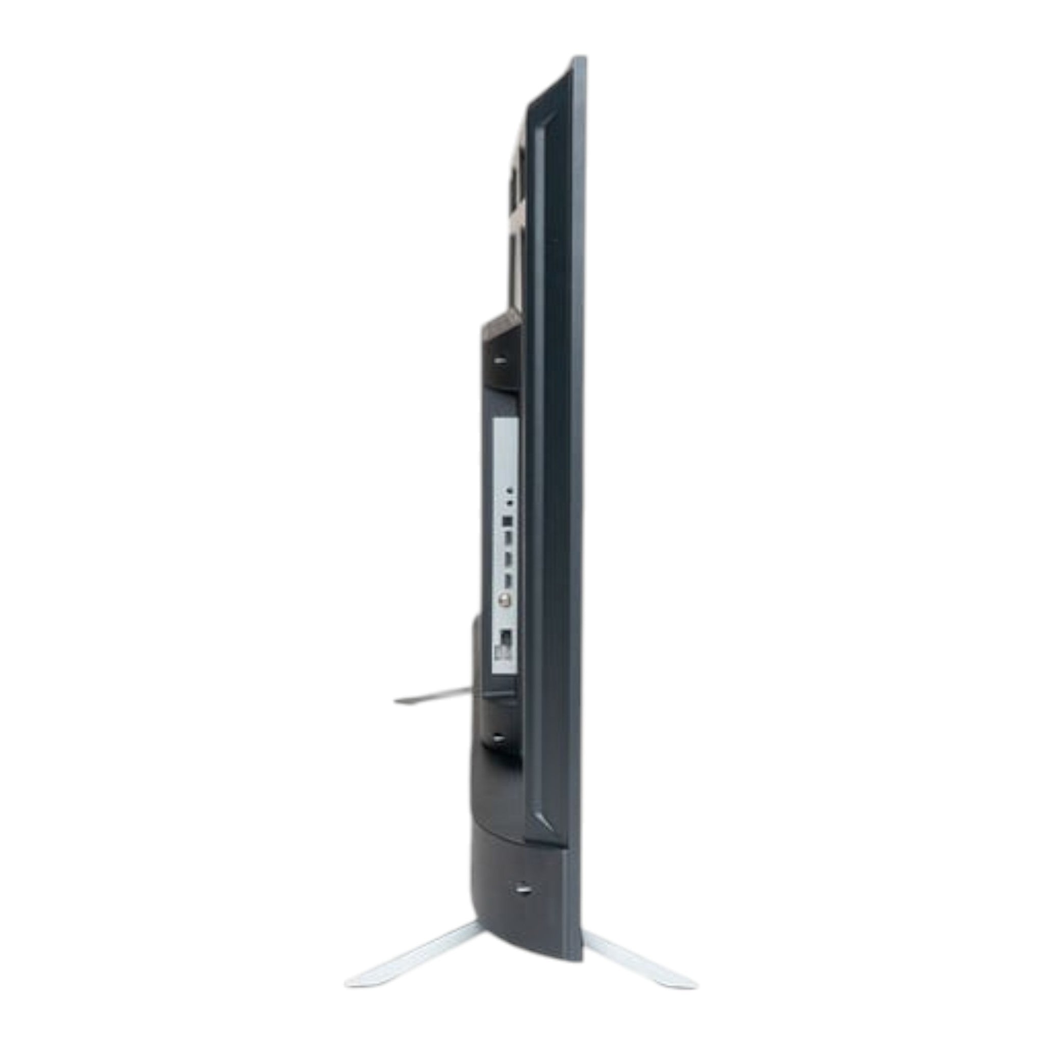 Vista lateral del televisor inteligente doto.com.mx Motorola de 43 pulgadas con acabado negro y puertos de conexión