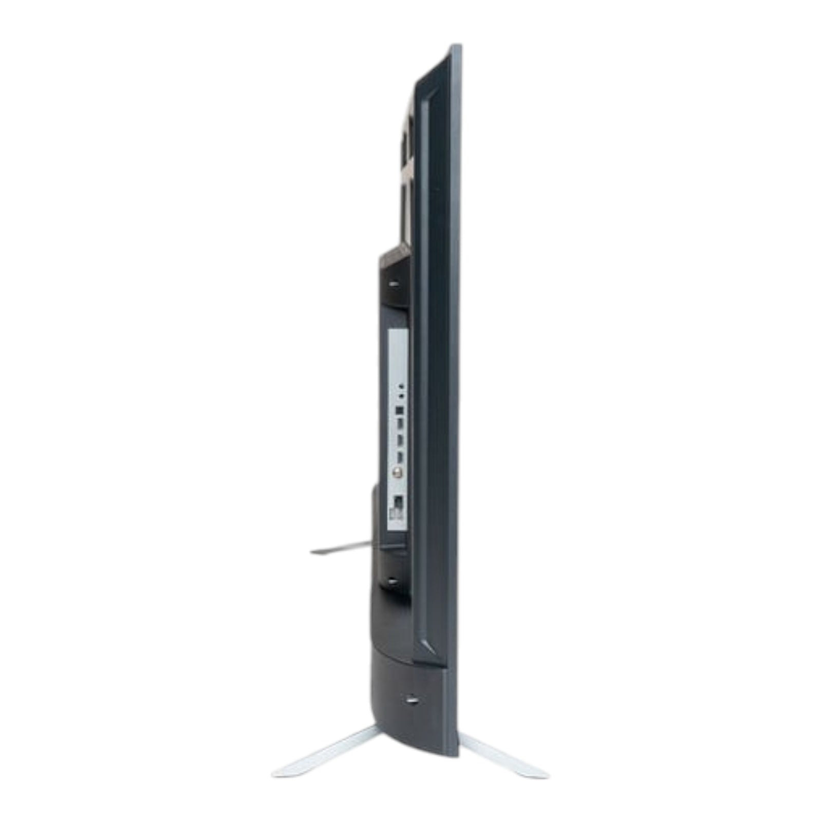 Vista lateral del televisor inteligente doto.com.mx Motorola de 43 pulgadas con acabado negro y puertos de conexión