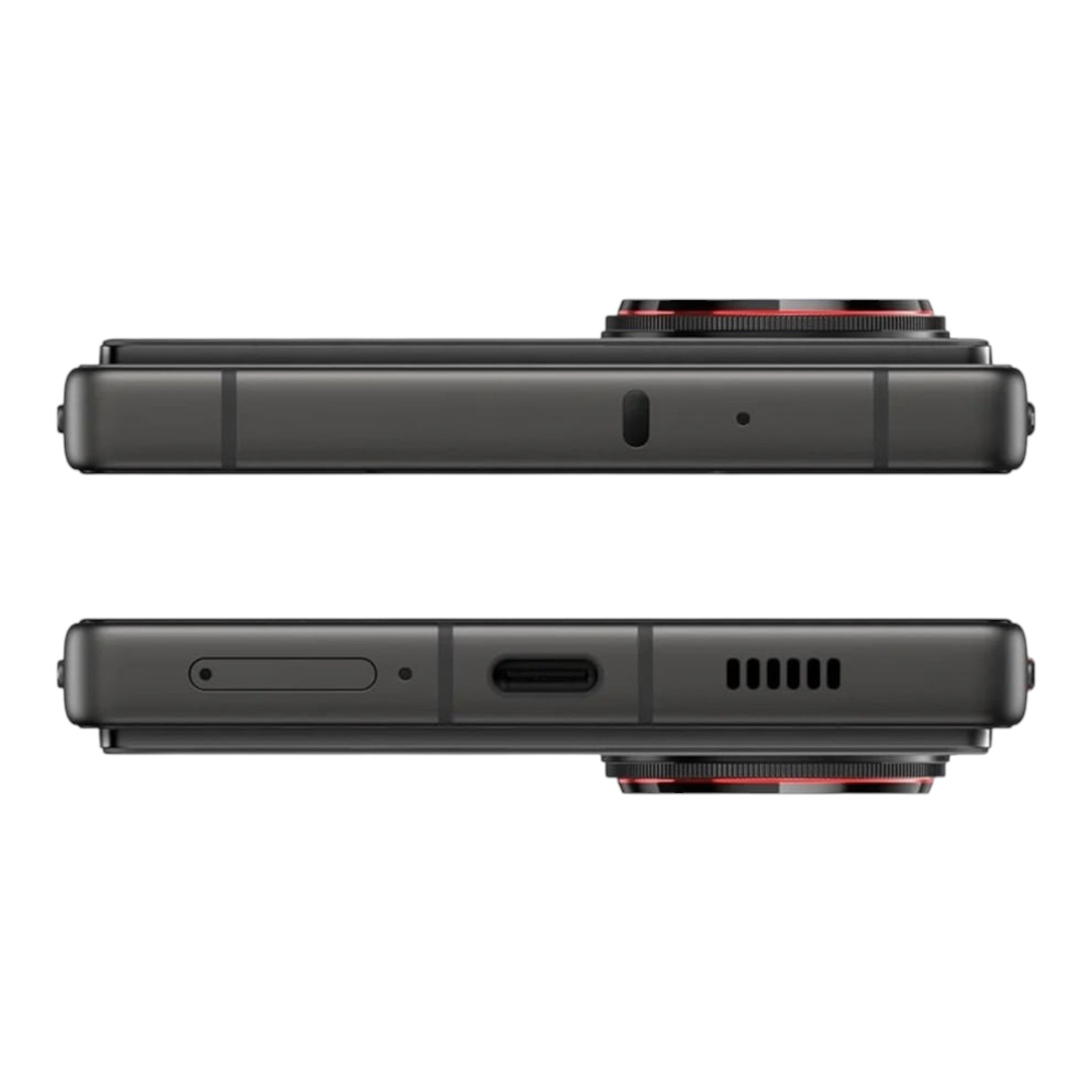 Vista lateral y base del smartphone doto.com.mx Nubia Z70 Ultra 5G en color negro con detalles en rojo
