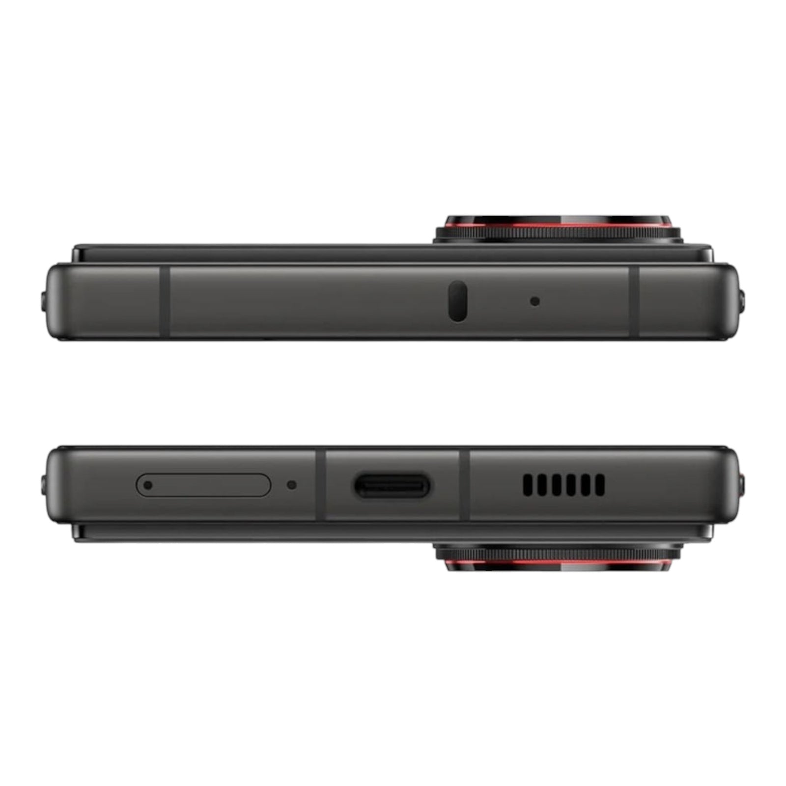Vista lateral y base del smartphone doto.com.mx Nubia Z70 Ultra 5G en color negro con detalles en rojo