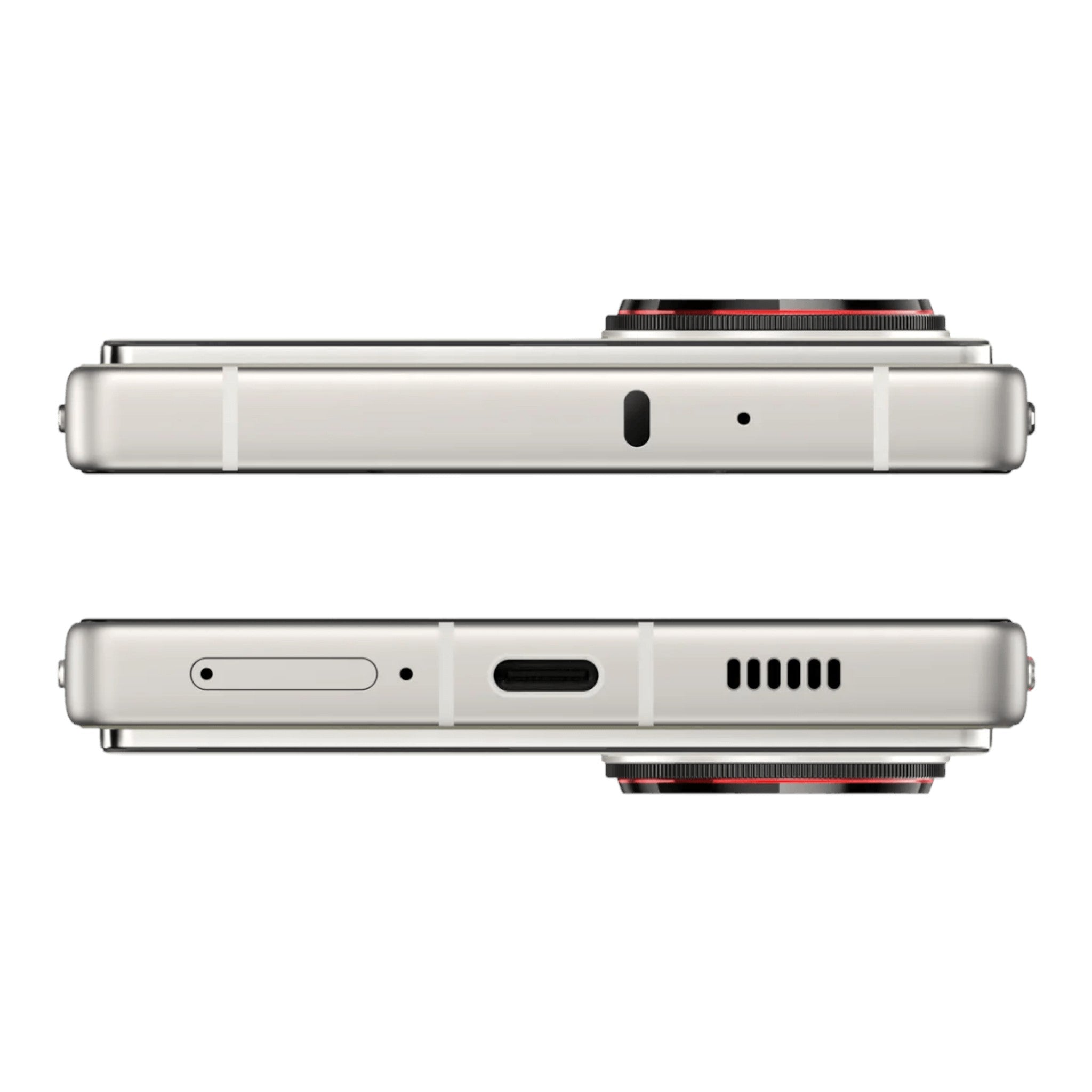 Vista lateral y base del smartphone doto.com.mx Nubia Z70 Ultra 5G en color plata con puerto USB-C y ranura SIM