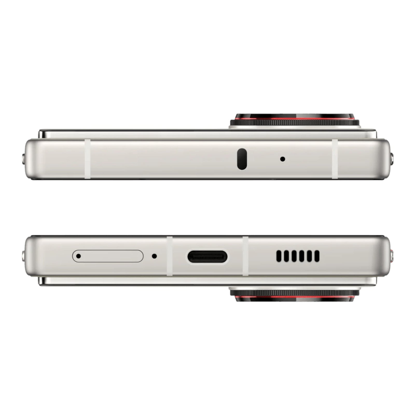 Vista lateral y base del smartphone doto.com.mx Nubia Z70 Ultra 5G en color plata con puerto USB-C y ranura SIM