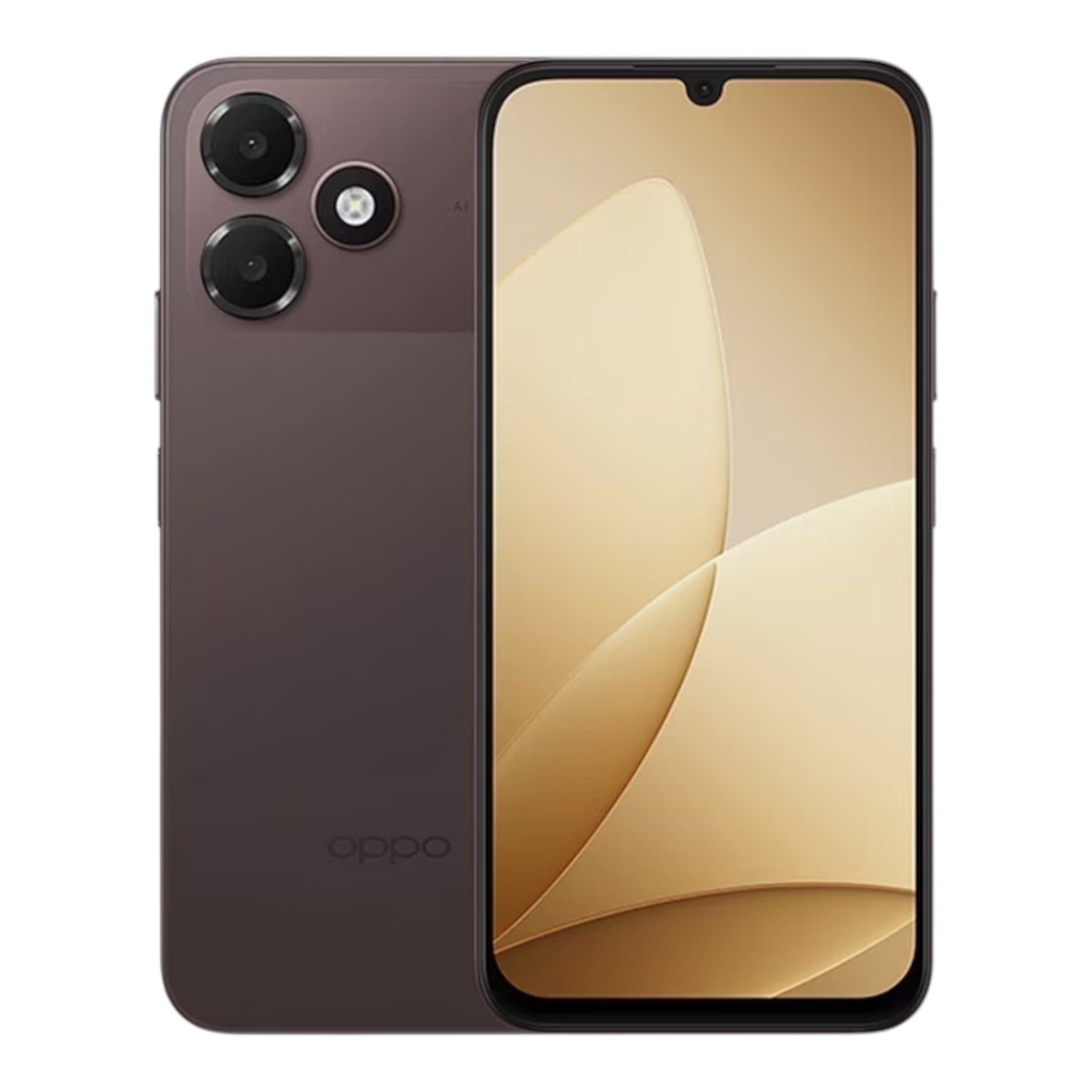 Smartphone doto.com.mx OPPO A6c en color gris oscuro, mostrando su pantalla de 6.75 pulgadas y diseño de cámara trasera.