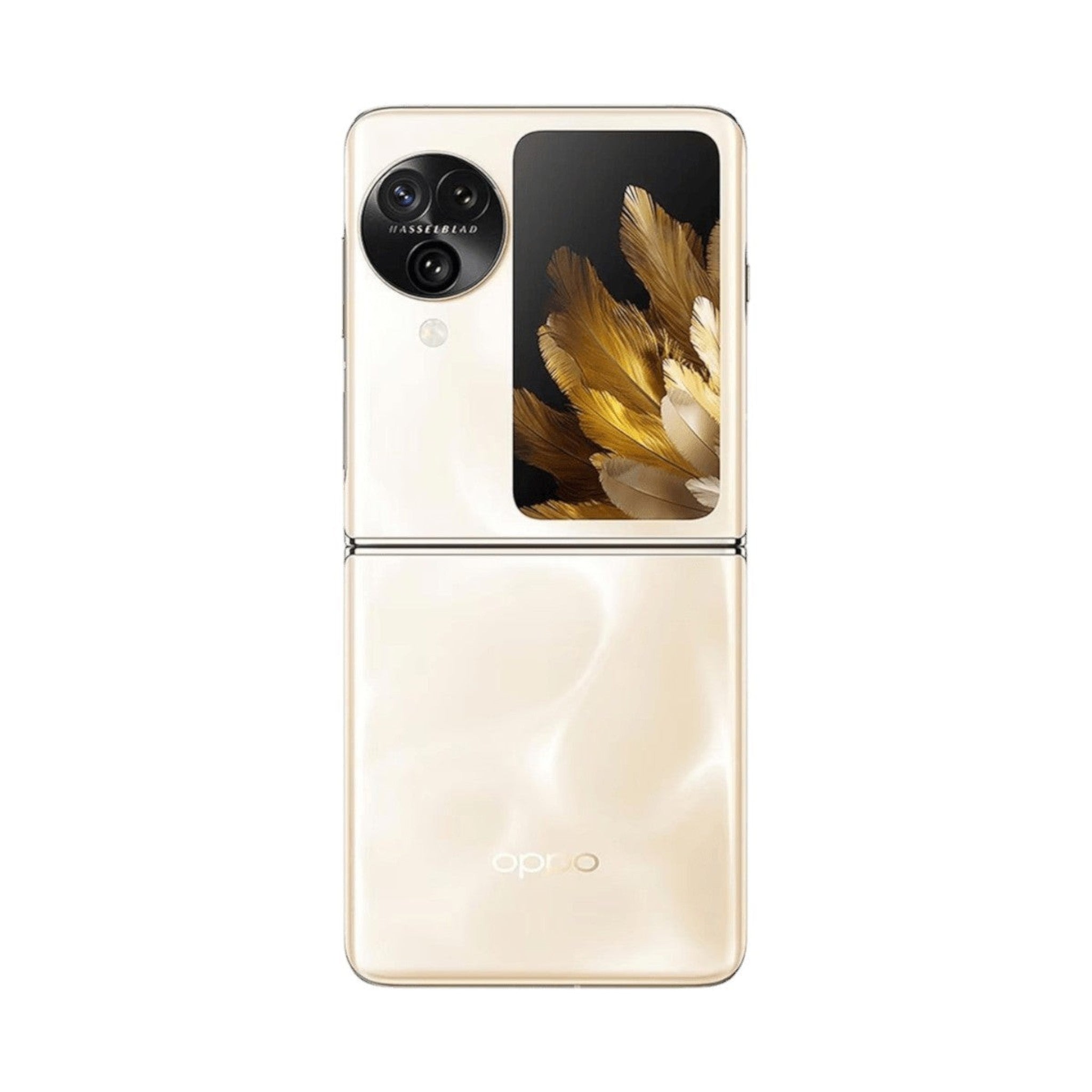 Smartphone plegable doto.com.mx Oppo Find N3 Flip dorado con sistema de cámara triple Hasselblad y pantalla externa