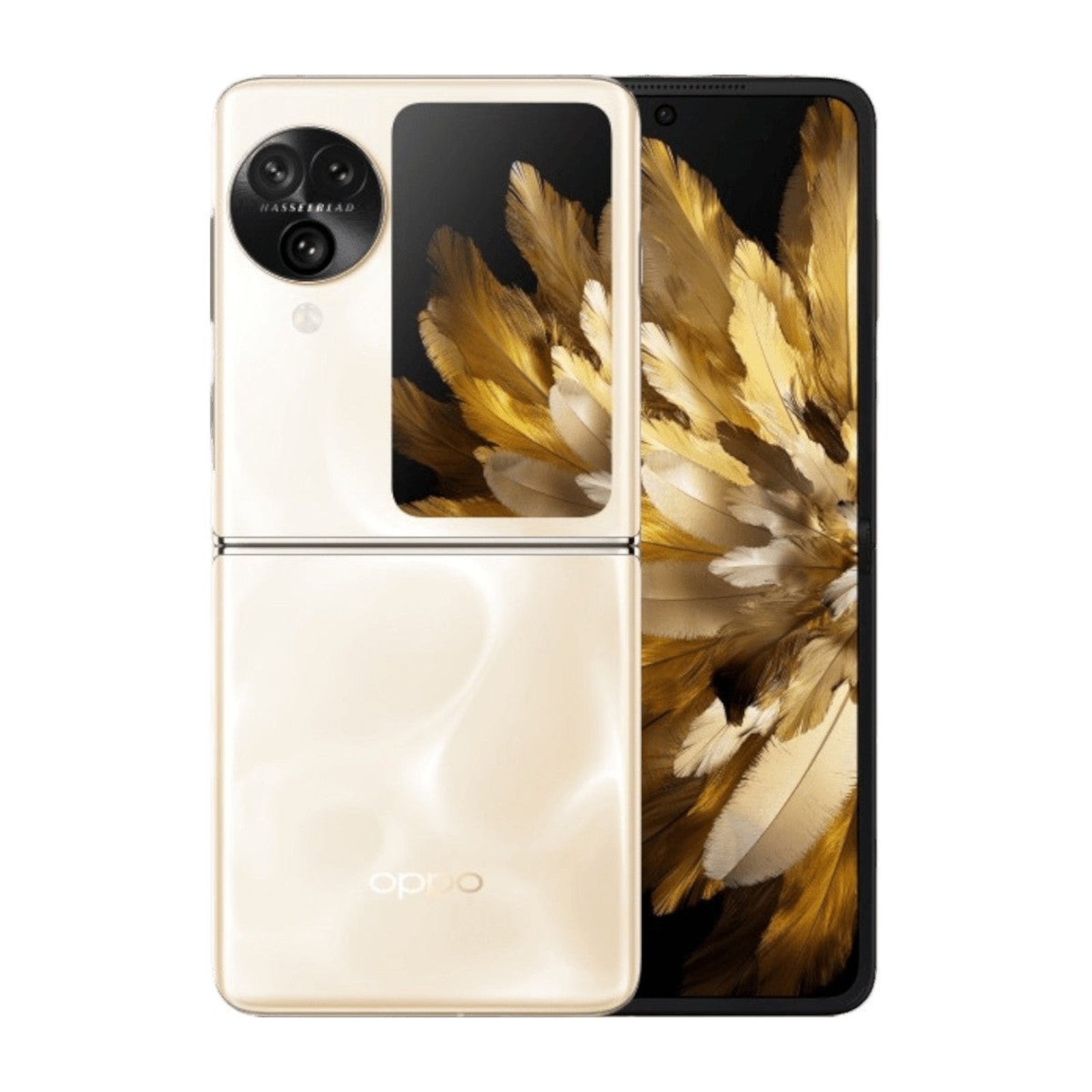 Smartphone plegable doto.com.mx Oppo Find N3 Flip dorado con sistema de triple cámara Hasselblad y pantalla externa