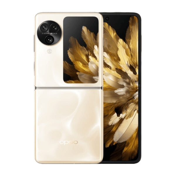 Smartphone plegable doto.com.mx Oppo Find N3 Flip dorado con sistema de triple cámara Hasselblad y pantalla externa