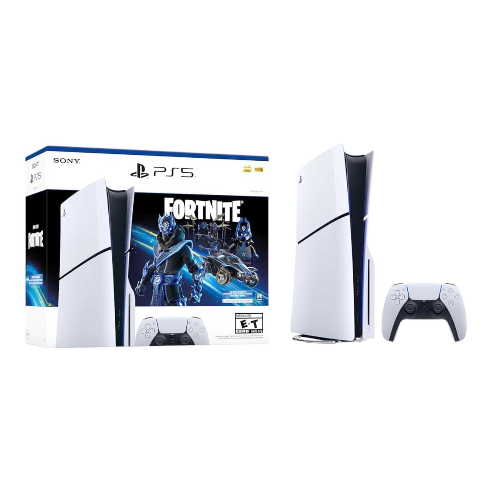 Consola doto.com.mx PlayStation 5 Slim 1TB con mando DualSense y caja temática de Fortnite en fondo blanco