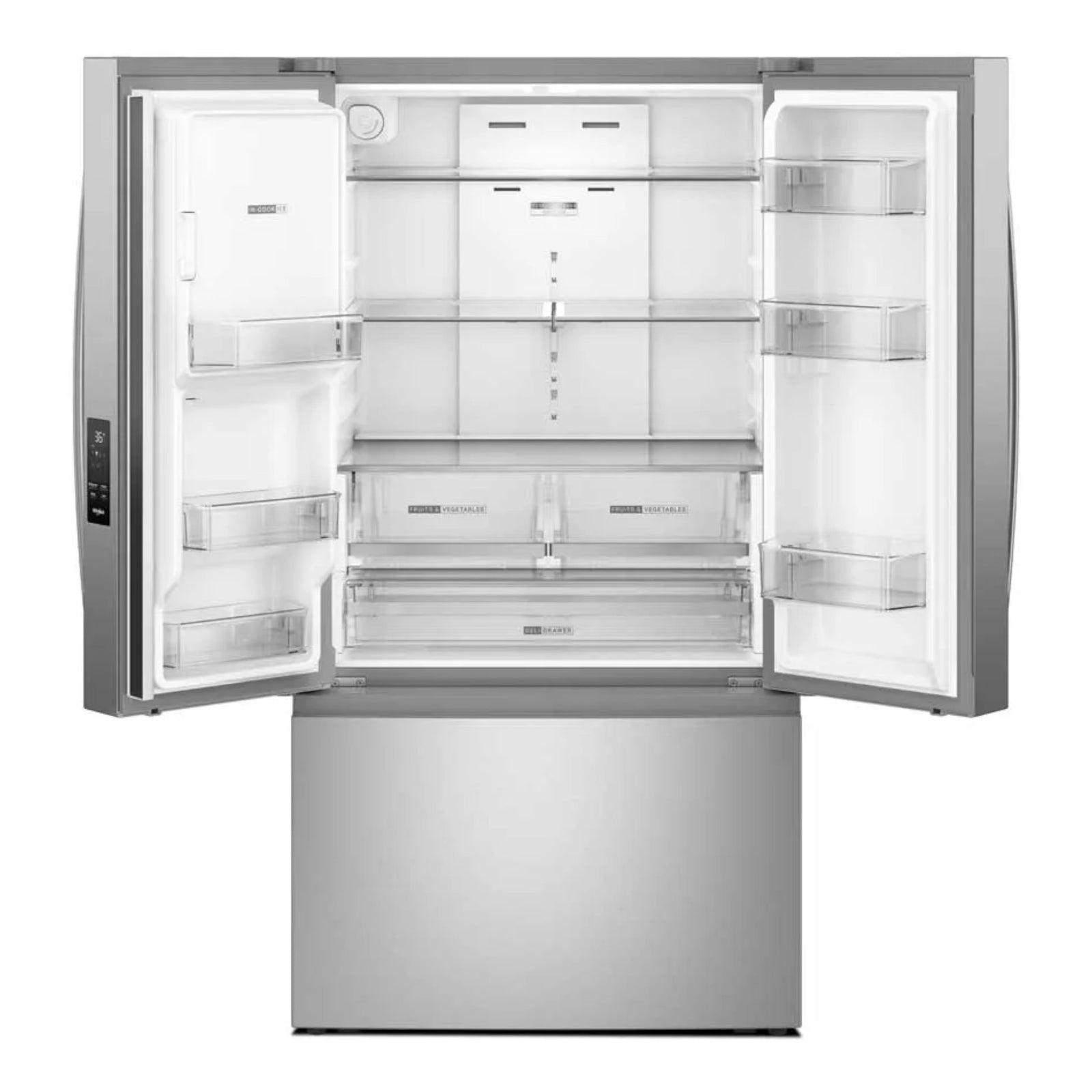 Refrigerador Whirlpool French Door de doto.com.mx en acero inoxidable con puertas abiertas y estantes ajustables