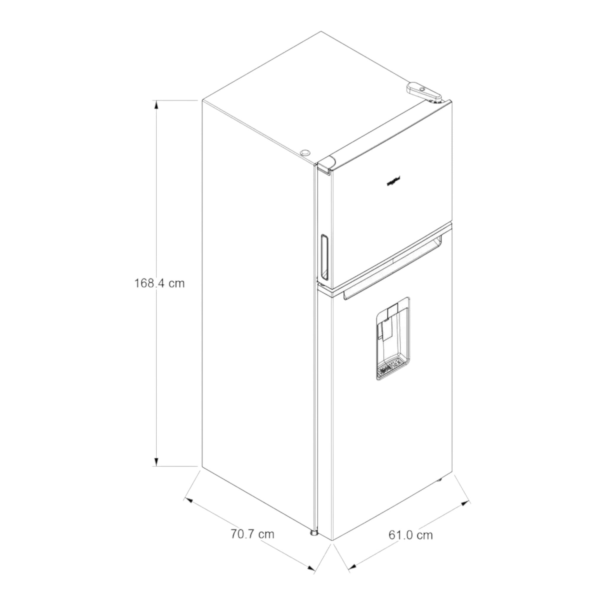 Diagrama técnico del refrigerador Whirlpool WT1333A Xpert Energy Saver de doto.com.mx con medidas y dispensador de agua