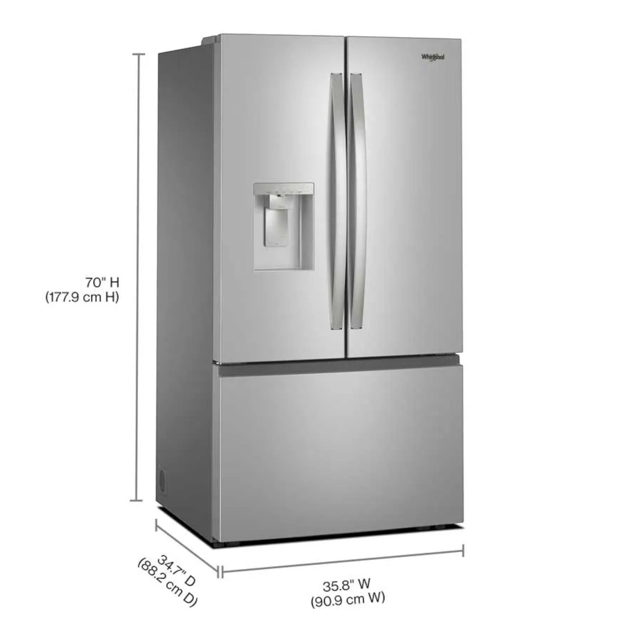 Refrigerador French Door doto.com.mx Whirlpool de 30 pies cúbicos en acero inoxidable con dispensador de agua y hielo