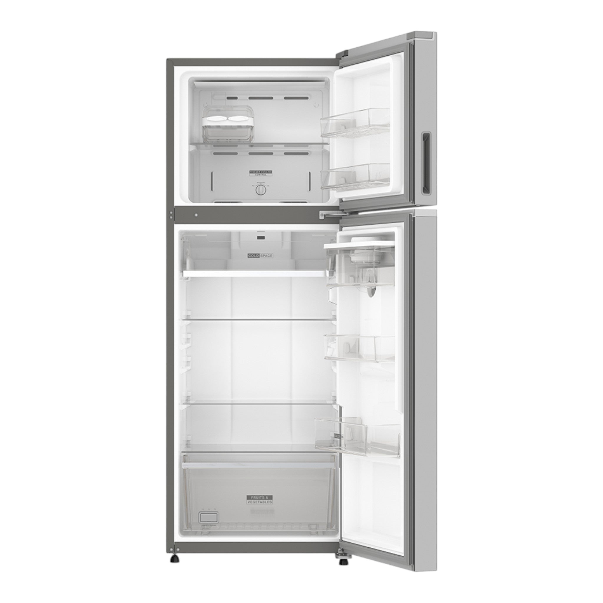 Refrigerador doto.com.mx Whirlpool Xpert Energy Saver de 13 pies cúbicos en color gris acero con puertas abiertas