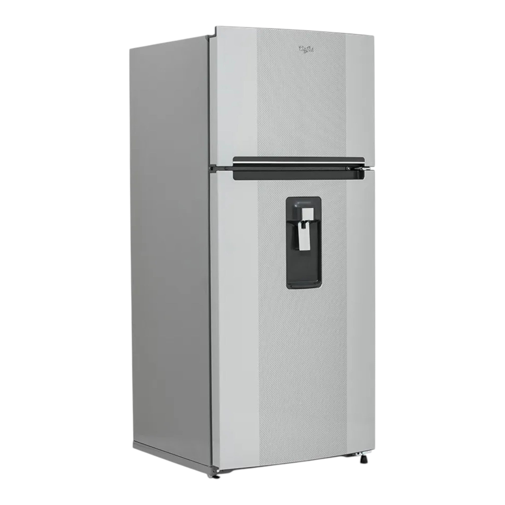 Refrigerador Whirlpool Top Mount de 16.5 pies cúbicos en tono plateado con dispensador de agua en doto.com.mx