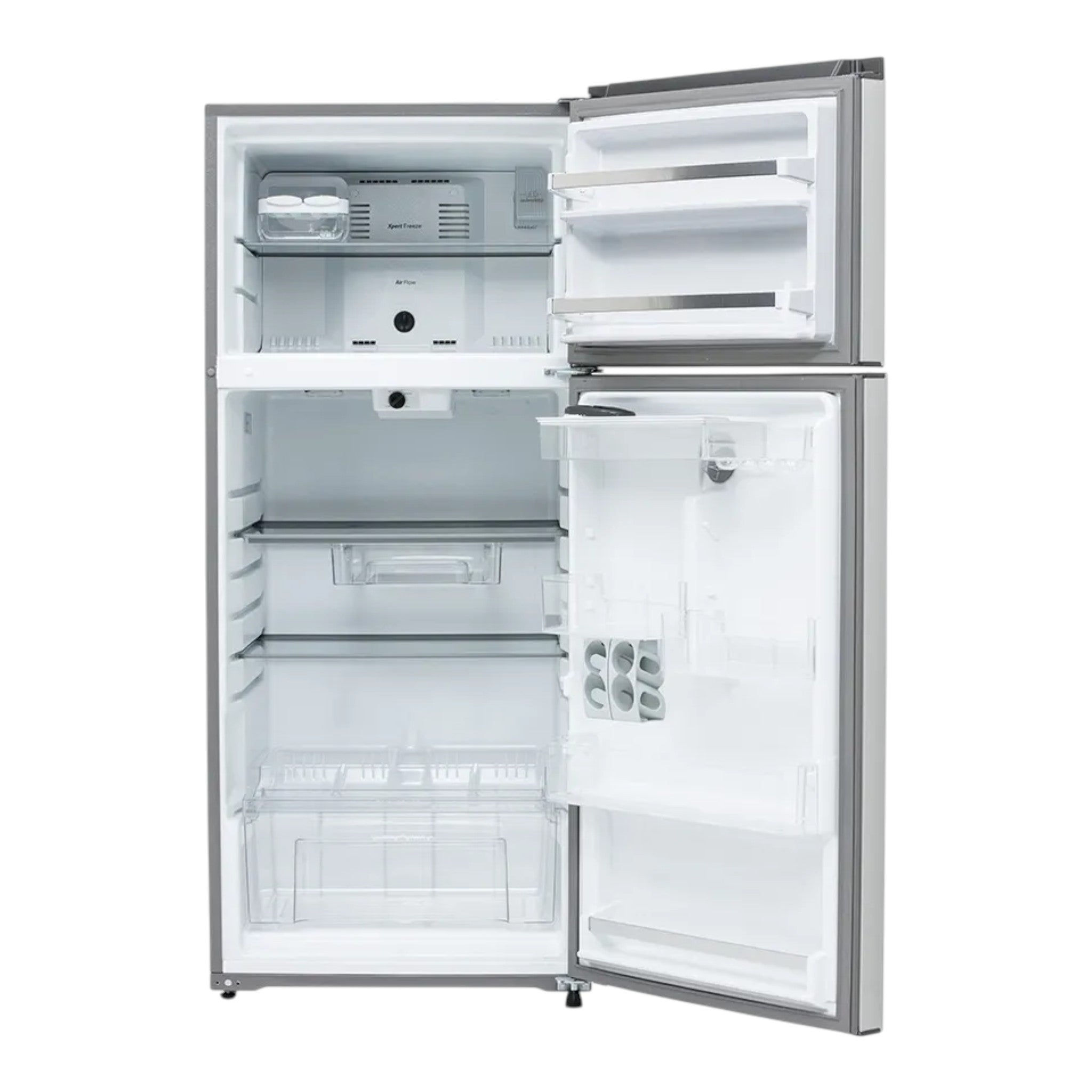 Refrigerador Whirlpool Top Mount de 16.5 pies cúbicos dúo tono con puertas abiertas, disponible en doto.com.mx