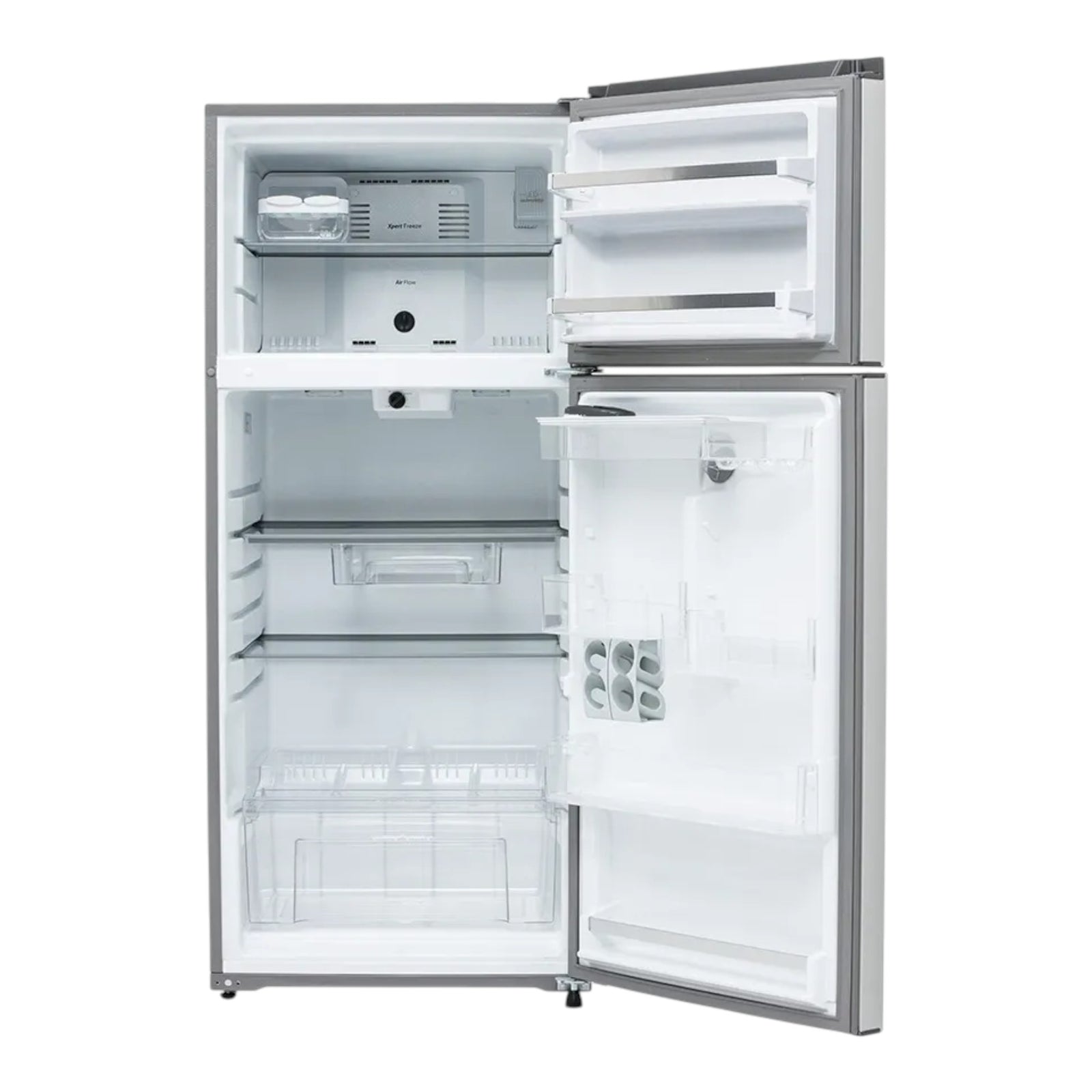 Refrigerador Whirlpool Top Mount de 16.5 pies cúbicos dúo tono con puertas abiertas, disponible en doto.com.mx