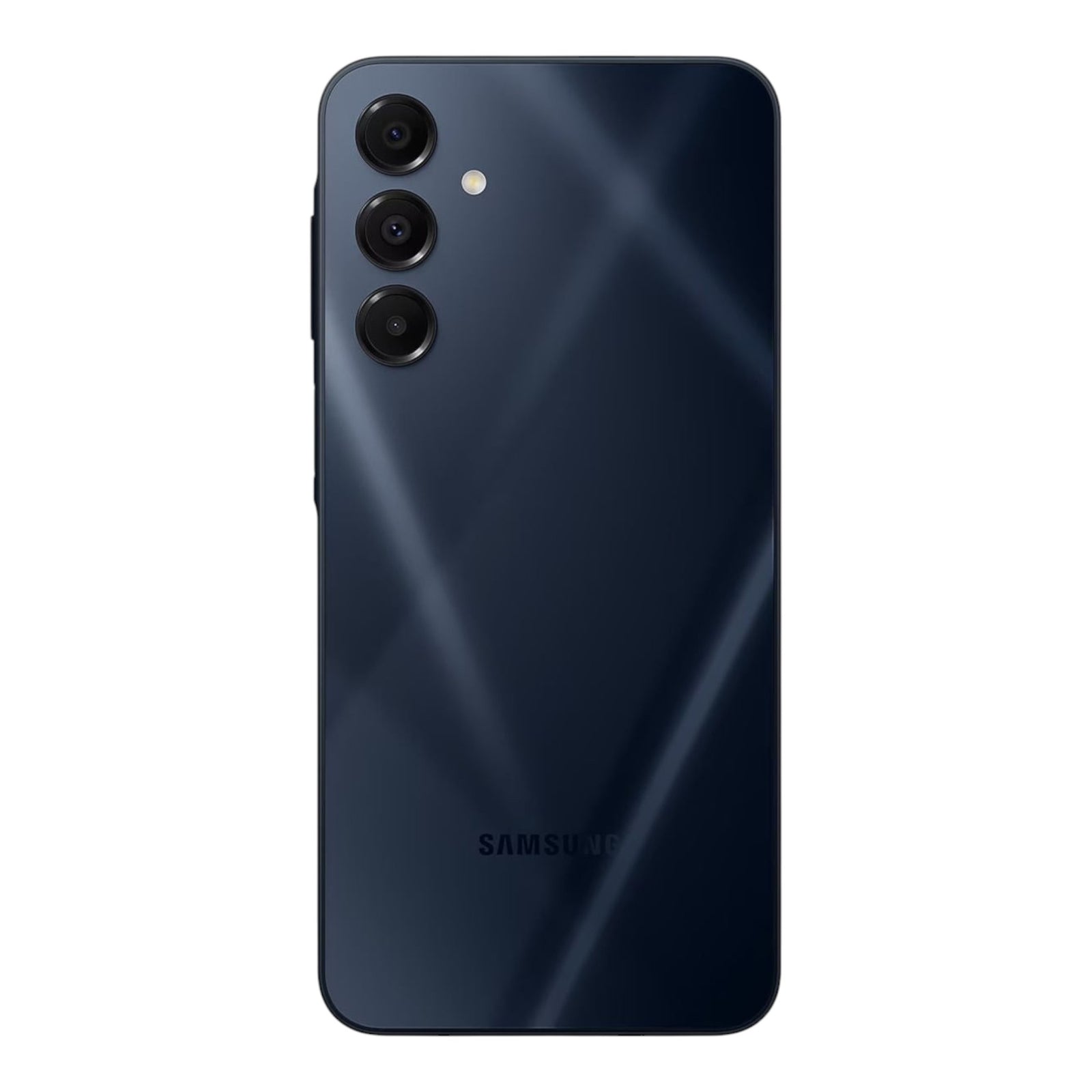 Vista trasera del smartphone doto.com.mx Samsung Galaxy A16 5G en color azul oscuro con sistema de triple cámara