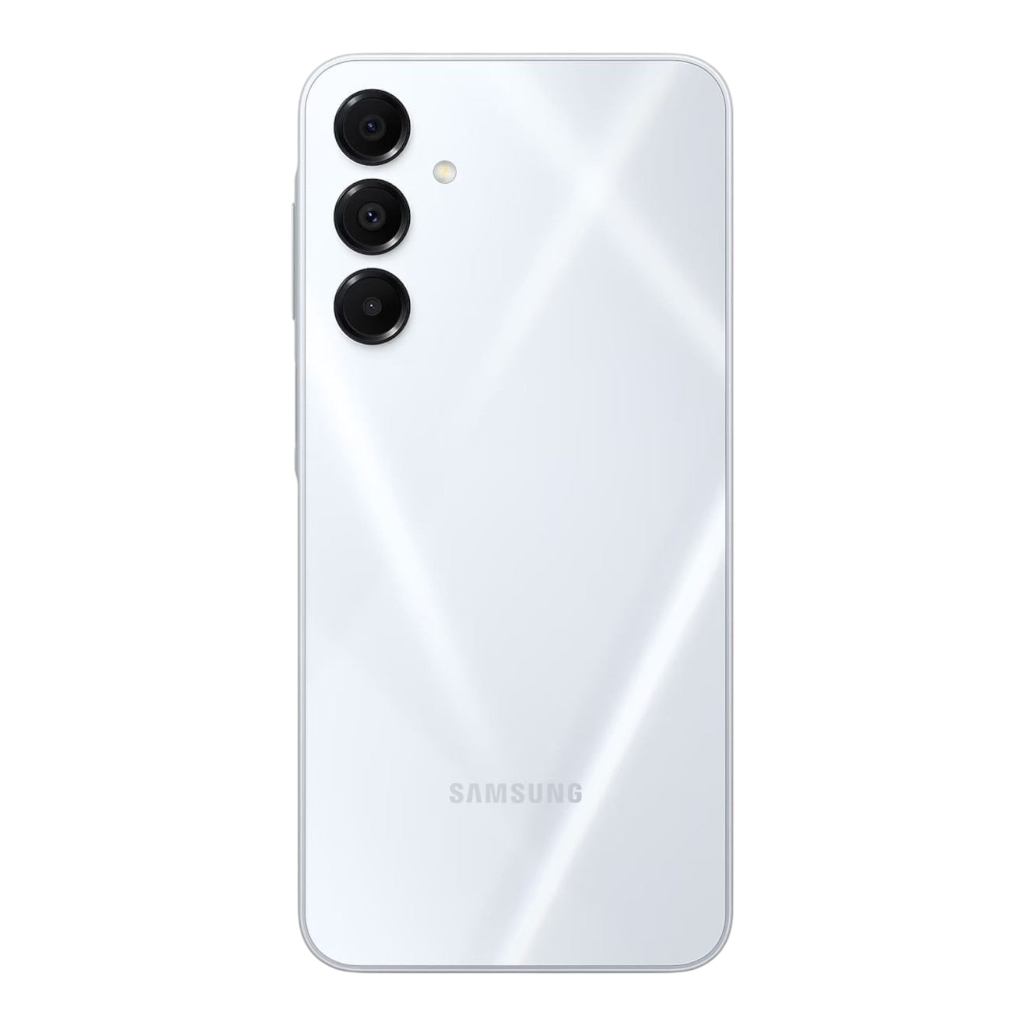 Parte trasera del smartphone doto.com.mx Samsung Galaxy A16 5G en color blanco con sistema de triple cámara