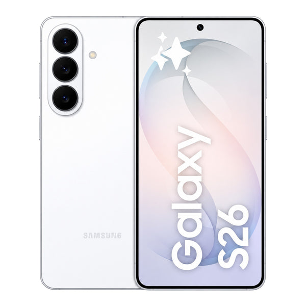 Smartphone Samsung Galaxy S26 5G en color blanco con diseño de triple cámara trasera y pantalla frontal brillante